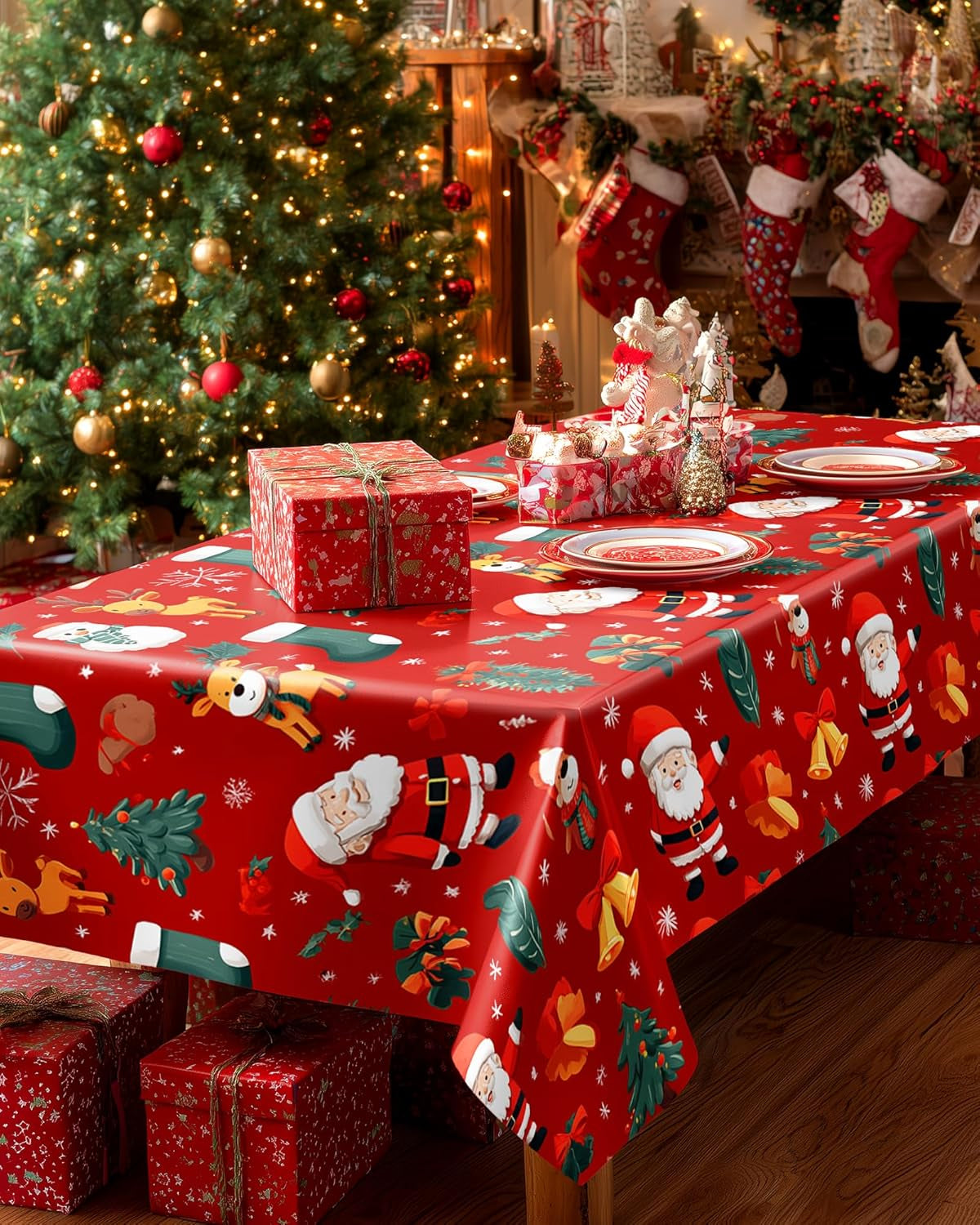 Plastic Table Cloth Disposable 10 Pack, 54 X 108 Inch Table Cloths for Parties, Decorative Tablecloths for Rectangle Tables, Christmas Tablecloth Plastic, Leakproof & Sturdy, Christmas Red
