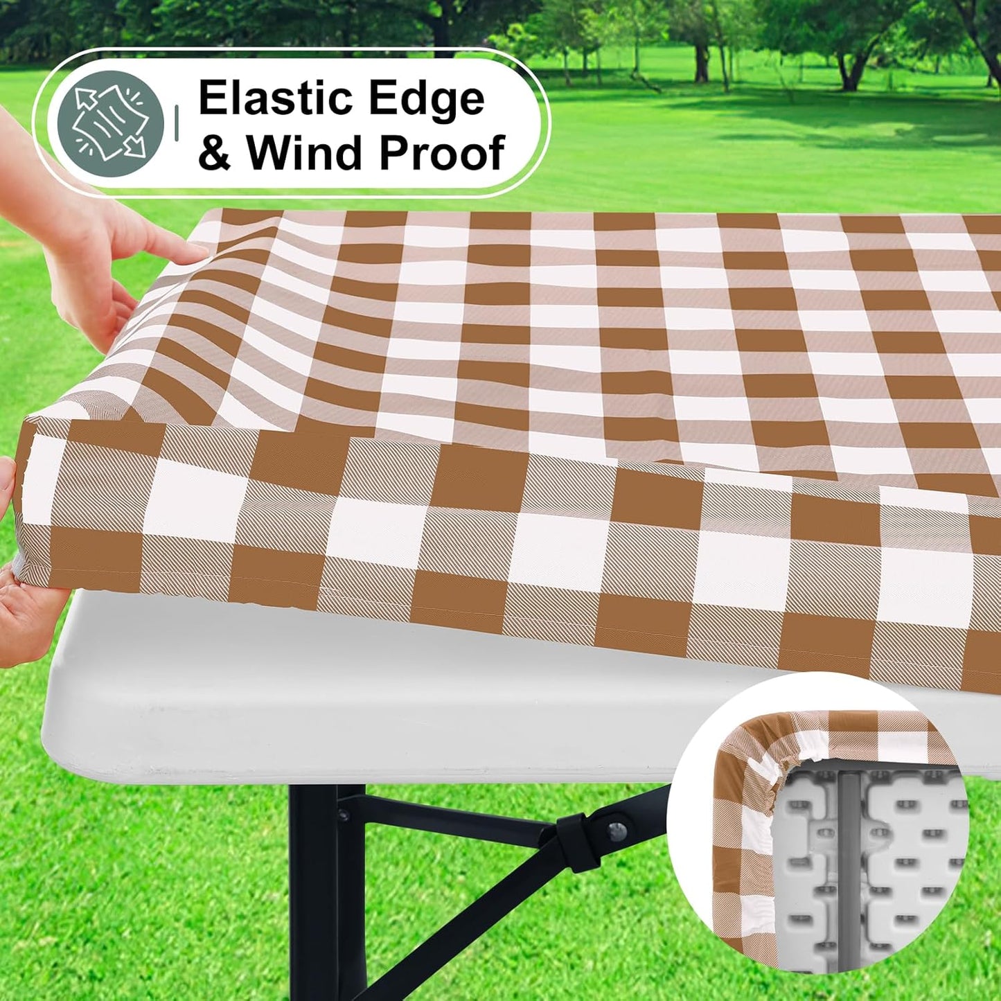 Buffalo Rectangle Picnic Tablecloth, 6 Foot Elastic Fitted Vinyl Table Cloth with Flannel Backing, Waterproof Plaid Table Covers for Dining, Camping, Outdoor (Brown and White, 30" X 72")