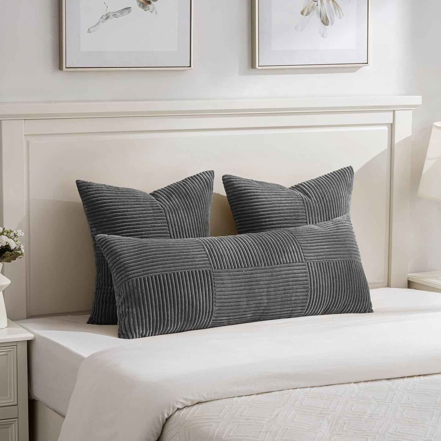 2 Packs Dark Gray Decorative Throw Pillow Covers 18X18 Inch for Living Room Couch Sofa, Rustic Farmhouse Boho Home Decor, Soft Corss Corduroy Patchwork Textured Square Cushion Case 45X45 Cm