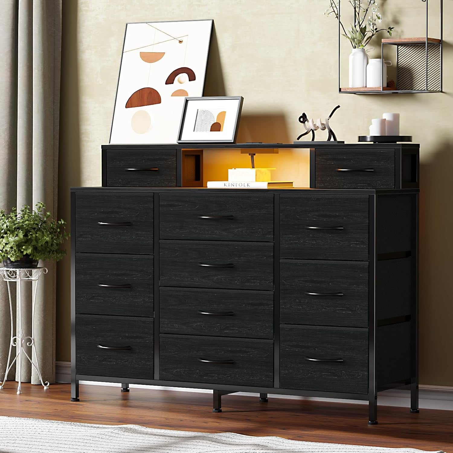 Elegant Black Bedroom Dresser with LED Lighting and Integrated Charging Station, 47"W Closet Chest with 12 Storage Drawers, Versatile TV Stand and Hallway Furniture, Featuring a 2-Tier Wooden Top and Sturdy Metal Frame