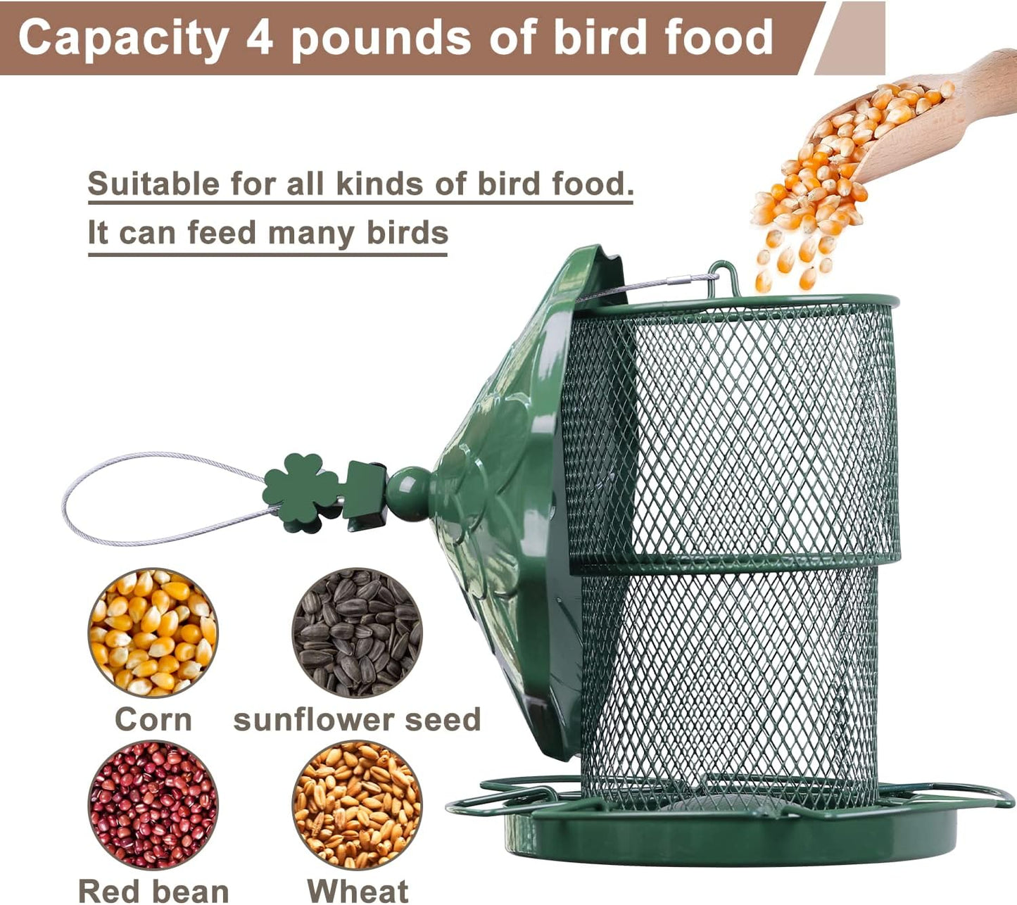 Metal Bird Feeder Tube Hanging Bird Seed Feeder Squirrel Proof Birds Feeder for outside Decoration, Large Capacity Feeder for Outdoor Garden,Green