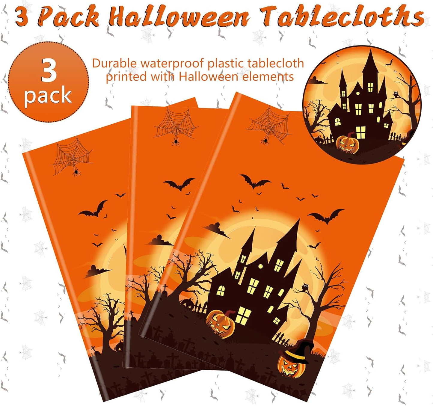 3 Packs Orange Halloween Tablecloth 54 X 108 Inches Scary Castle Ghost Pumpkin Table Cloth Disposable Waterproof Plastic Bat Spider Web Table Cover Trick or Treat for Halloween Party Dining
