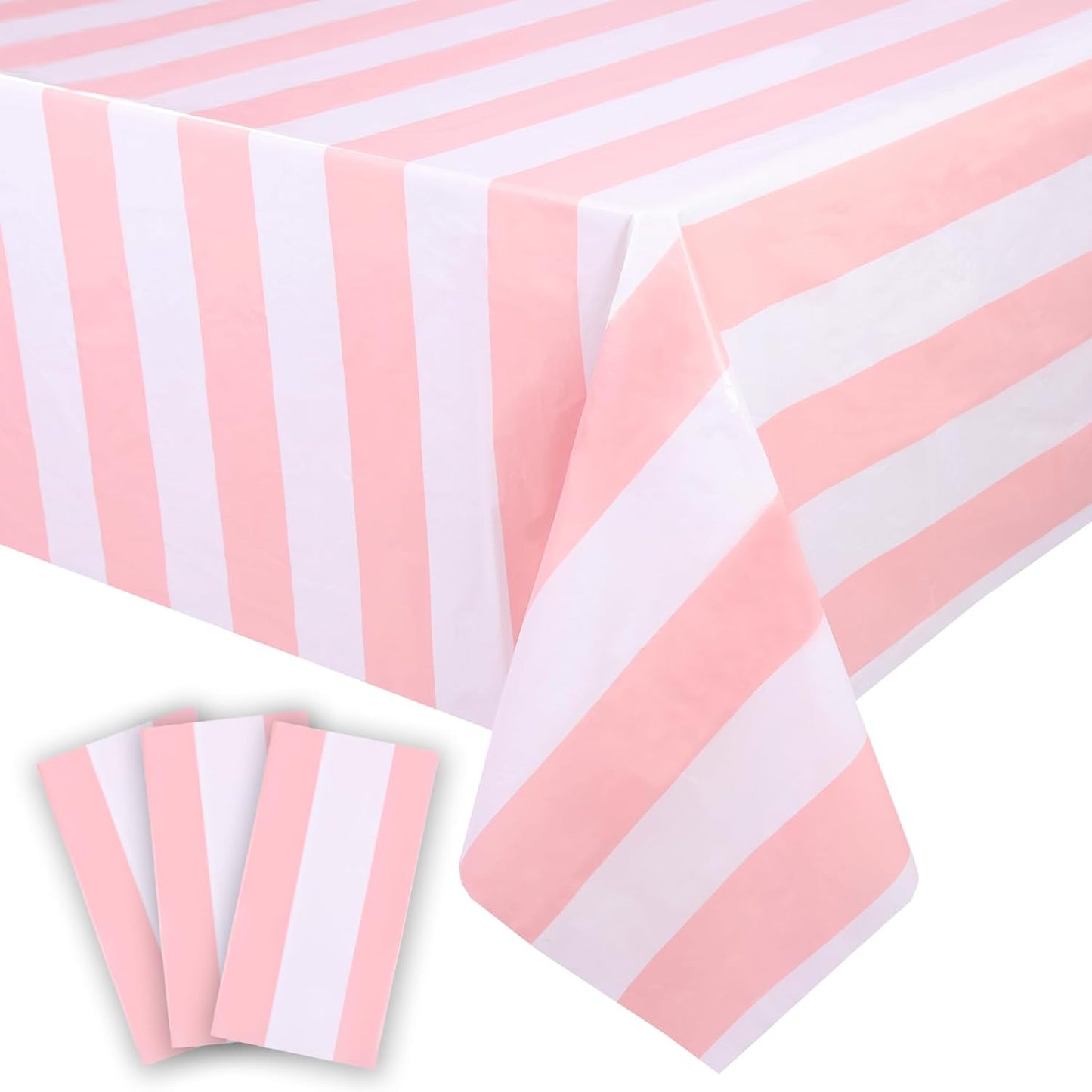 3 Packs Pink and White Horizontal Striped Table Cloth 54 X 108 Inches Pink Stripe Tablecloths Disposable Plastic Stripe Table Covers Waterproof Rectangle Picnic Tablecover for Birthday Party