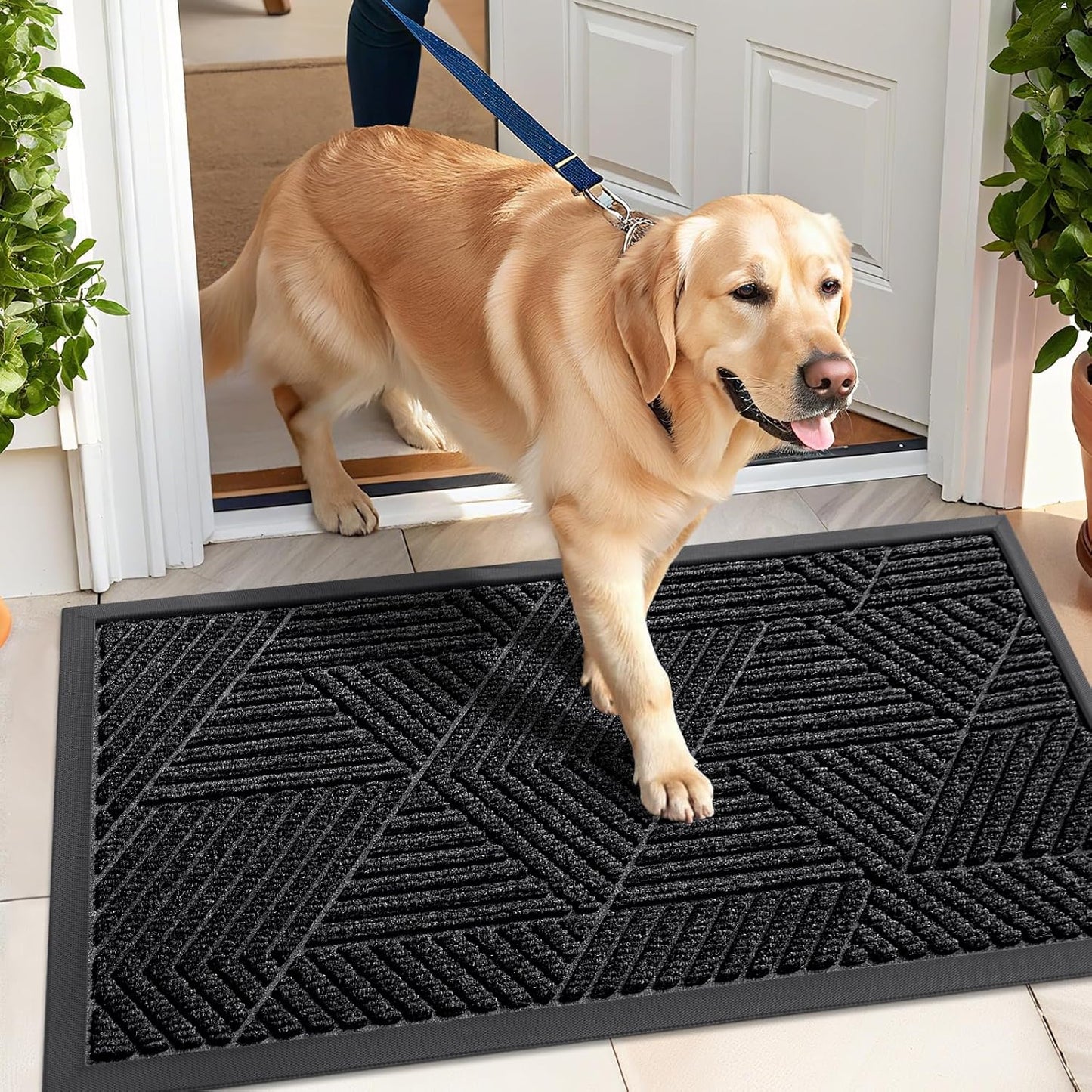 Front Door Mat outside Entrance, Sturdy Natural Dirt Trapper, Heavy Duty Rubber Doormat, Low Profile Non-Slip Backing, Easy Clean Floor Mat for Indoor Outdoor Entry, 29.5X17 Inch, Black