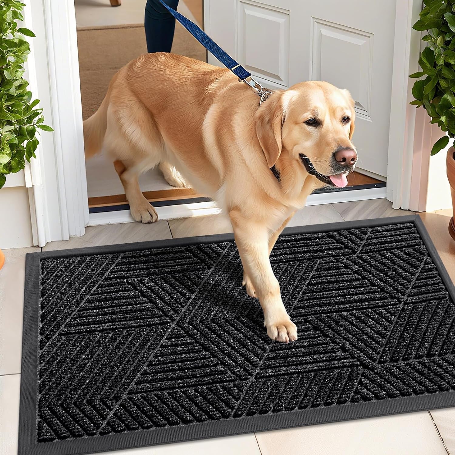 Front Door Mat outside Entrance, Sturdy Natural Dirt Trapper, Heavy Duty Rubber Doormat, Low Profile Non-Slip Backing, Easy Clean Floor Mat for Indoor Outdoor Entry, 29.5X17 Inch, Black