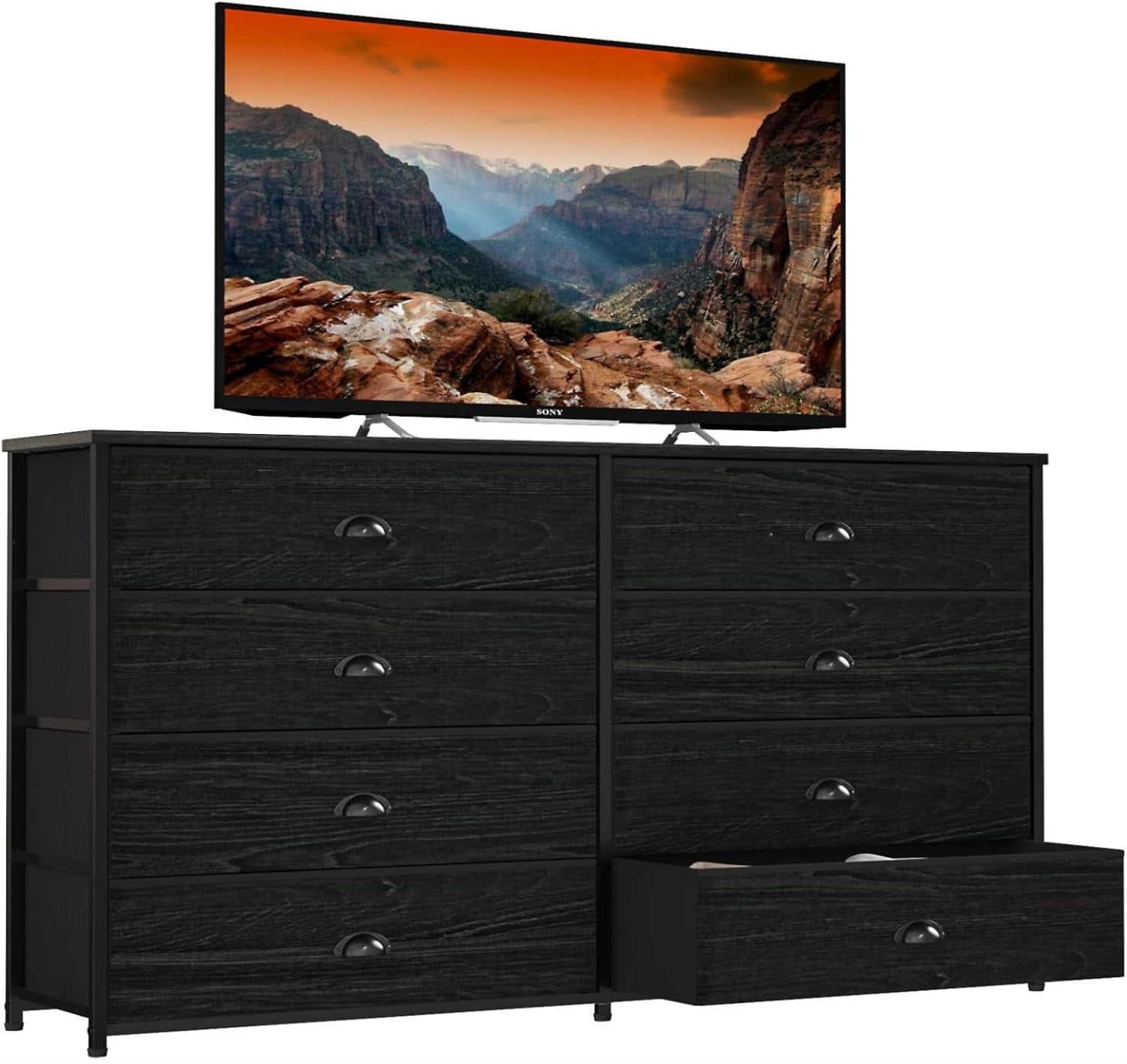 Elegant Wide Dresser with 8 Fabric Drawers and Wood Top for 55'' TV, Versatile Storage Solution for Bedroom, Living Room, Dorm, Closet, and Entryway (Black Oak)