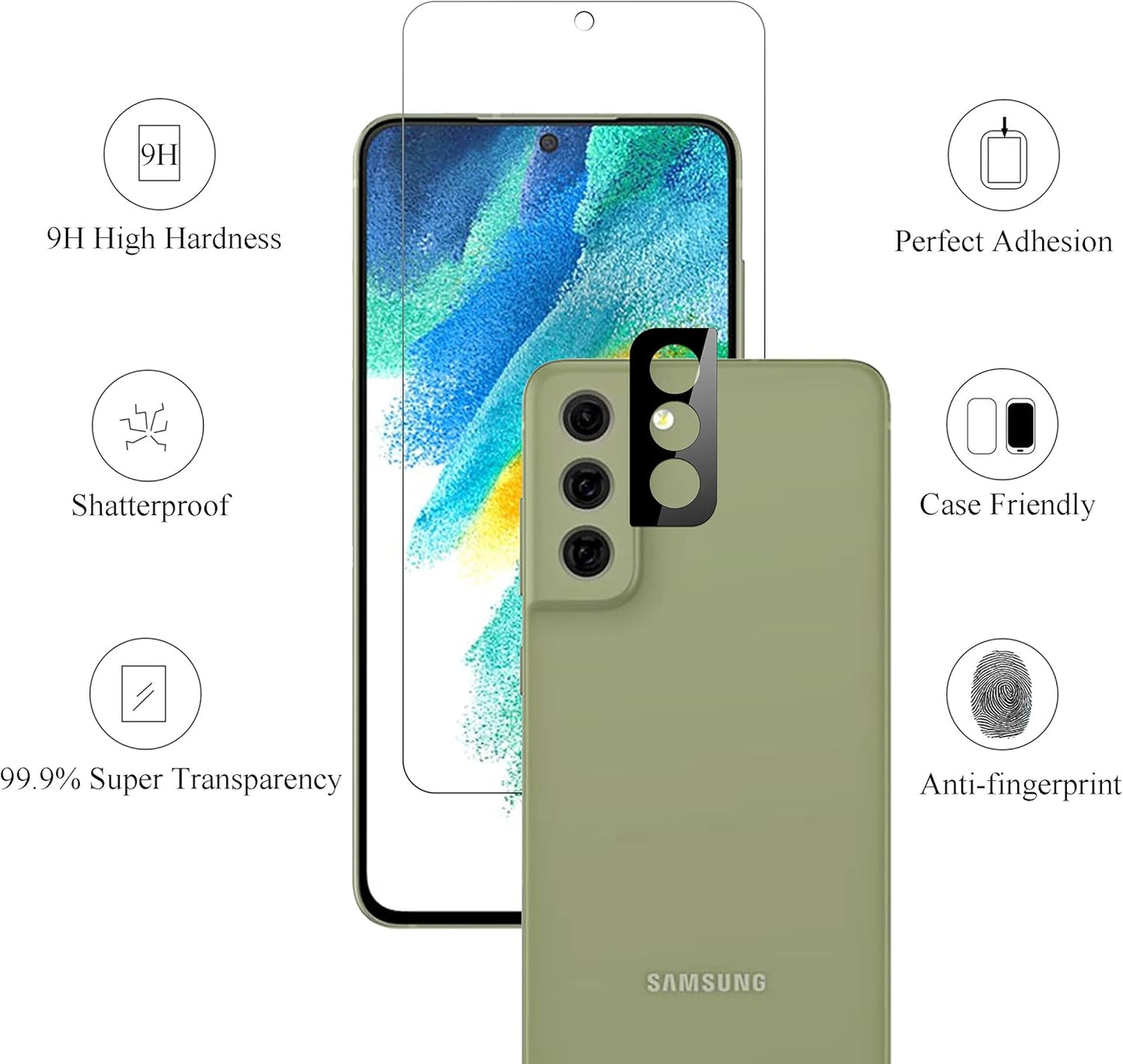 Glass Screen Protector for Galaxy S21Fe 3Pack + 2Pack Camera Lens Tempered Glass Fingerprint Unlock Compatible 0.33Mm Ultra Clear Anti-Scratch Case Friendly