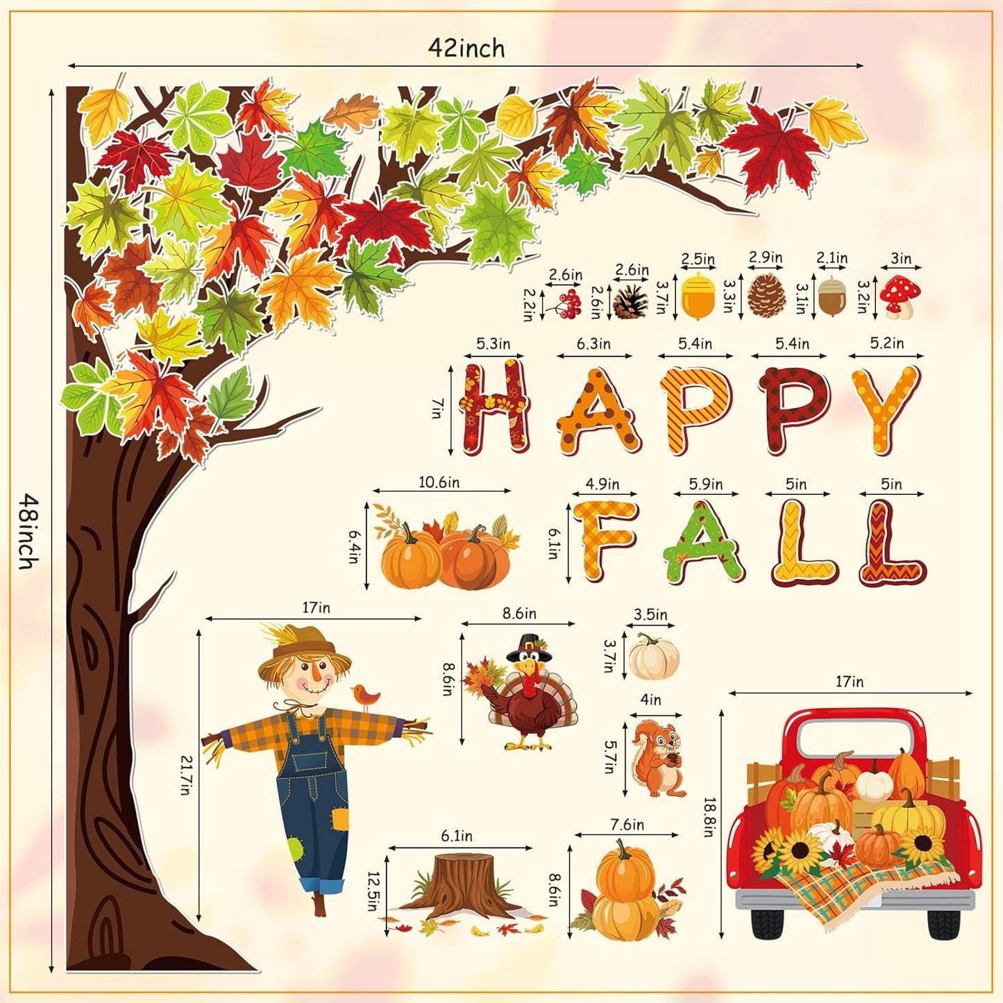89Pcs Happy Fall Bulletin Board Decorations Set Fall Tree Pumpkin Maple Leaves Turkey Cutouts with Glue Points for Halloween Thanksgiving Autumn Home School Classroom Wall Chalkboard Decor