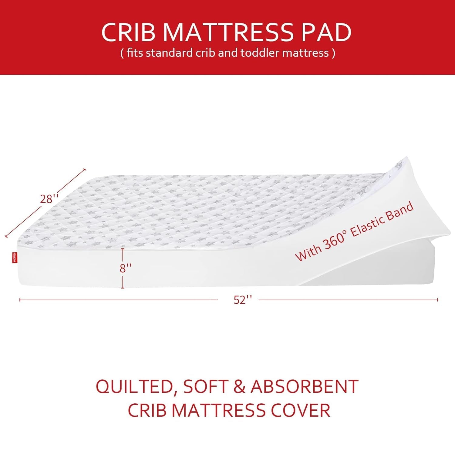Crib Mattress Protector Waterproof 2 Pack, Quilted Crib Mattress Pad Cover 52" X 28" Extra Soft Breathable Toddler Bed Cover Stretch up to 8", Grey & White Star