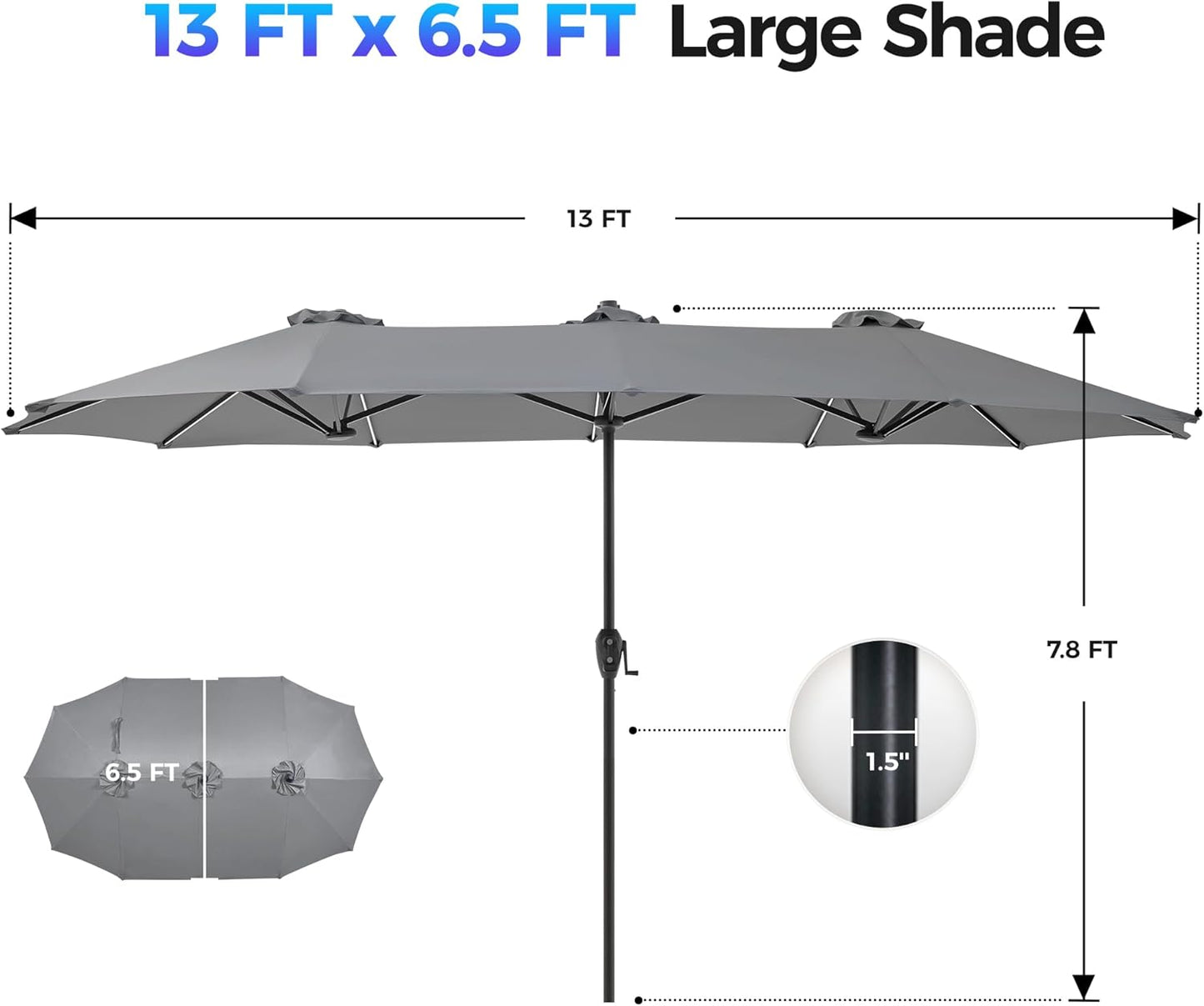 13-Foot Double-Sided Outdoor Patio Umbrella with Solar Lighting, Fade-Resistant Canopy, 12 Durable Ribs, for Deck, Pool, Porch, and Market Use