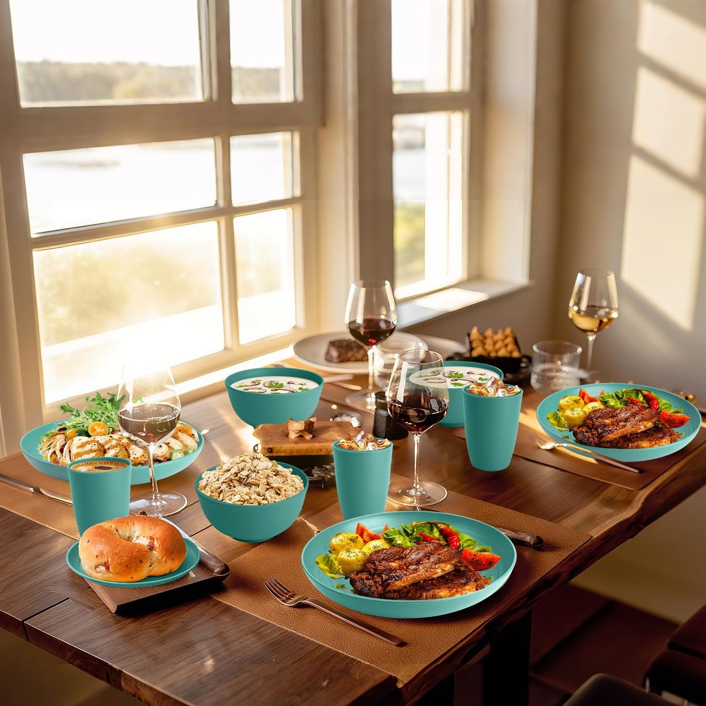 Wheat Straw 32-Piece Dinnerware Set for 8 - Durable and Lightweight Plates and Bowls for Camping, Outdoor Adventures, and RV Use, Microwave and Dishwasher Safe - Green