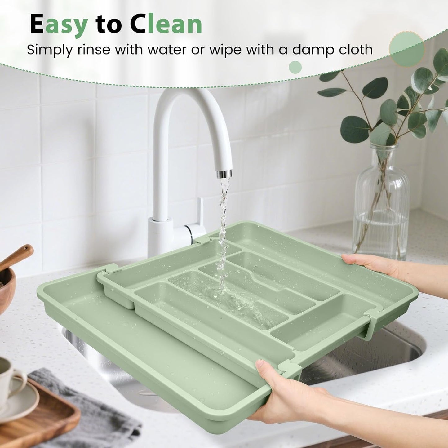 Expandable Silverware Organizer for Kitchen Drawers - BPA-Free Thick Plastic with Wider Compartments and Non-Skid Feet (Sage Green)