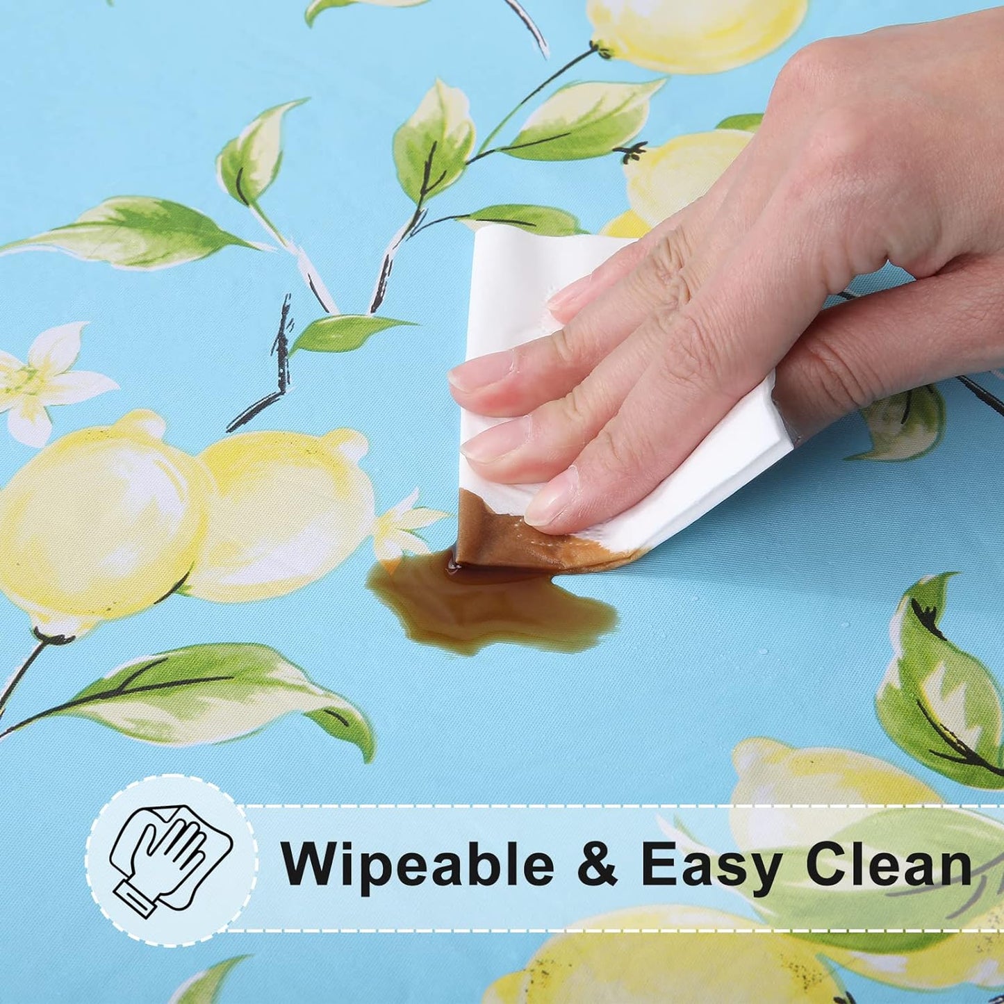 round Fitted Tablecloth with Elastic Edge, 100% Waterproof Oil Proof Plastic Table Cover, Vinyl Flannel Backed Tablecloth Fits 36"-44" round Tables for Dinner, Outdoor, Picnic, Lemon