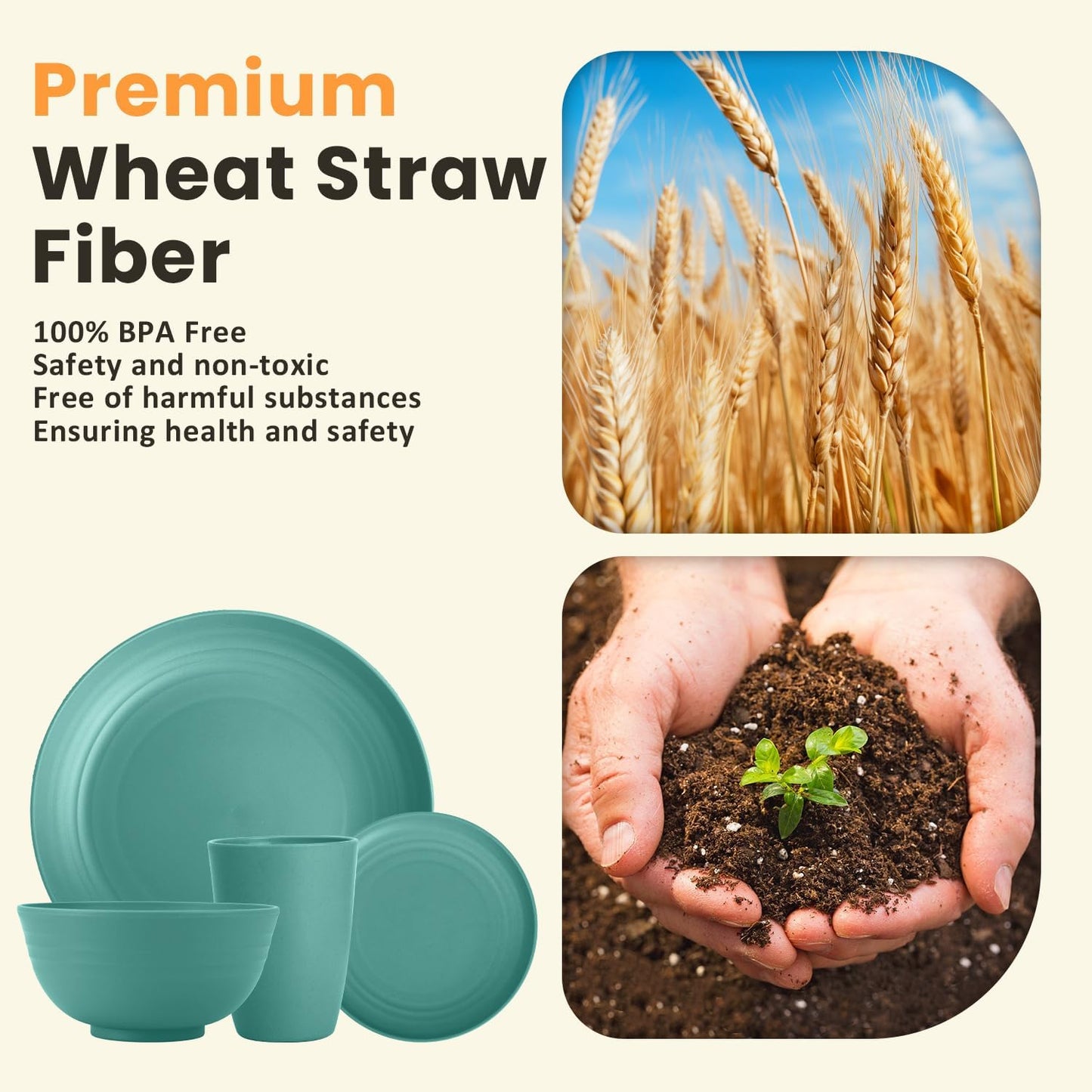 Wheat Straw 32-Piece Dinnerware Set for 8 - Durable and Lightweight Plates and Bowls for Camping, Outdoor Adventures, and RV Use, Microwave and Dishwasher Safe - Green