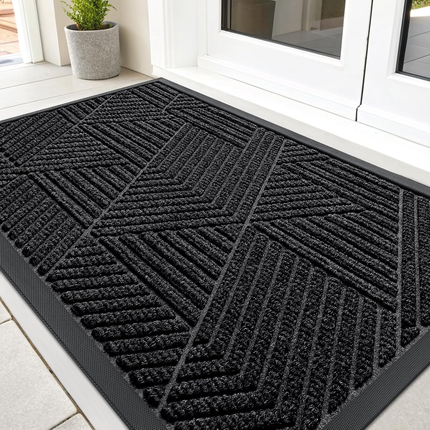 Front Door Mat outside Entrance, Sturdy Natural Dirt Trapper, Heavy Duty Rubber Doormat, Low Profile Non-Slip Backing, Easy Clean Floor Mat for Indoor Outdoor Entry, 29.5X17 Inch, Black