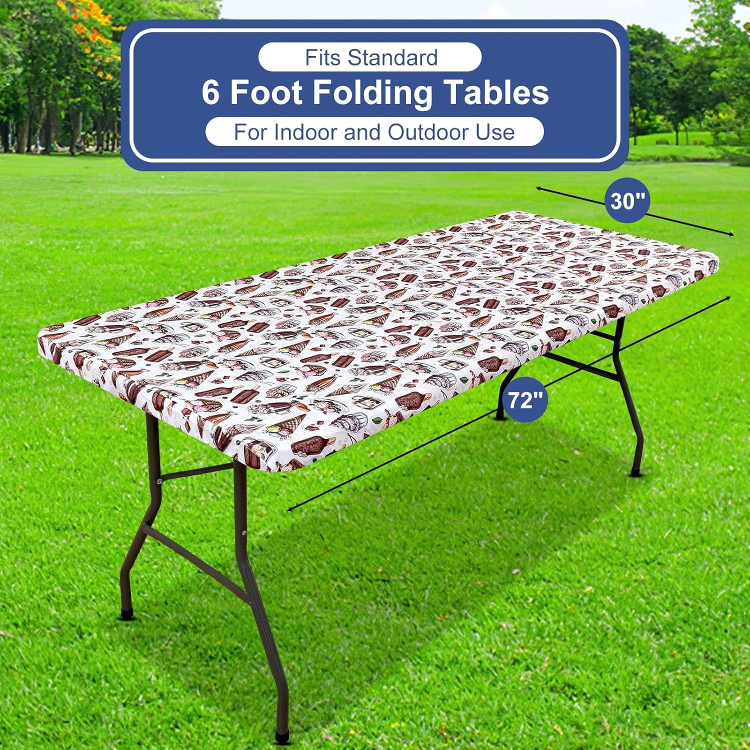 Rectangle Printed Fabric Tablecloth, Elastic Fitted Table Cloth for 6 Foot Table, Washable Polyester Table Cover for Outdoor, Picnic, Camping and Indoor, (Ice Cream, 30" X 72")