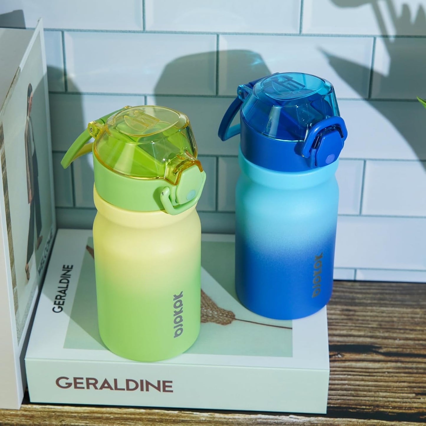 Water Bottle with Straw 14Oz Insulated Water Bottles Reusable Stainless Steel Metal Thermo with Leak Proof Lockable Lid and Carry Handle,Lime