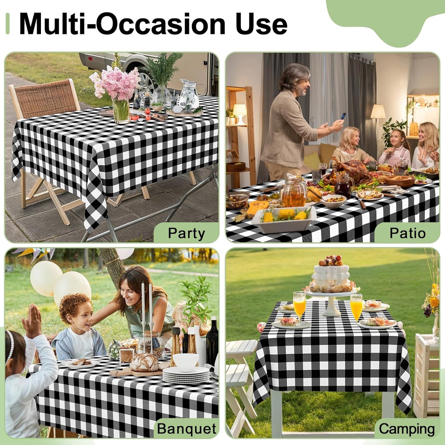 Plastic Table Cloth Disposable 3 Pack, 54X108 Inch Rectangle Waterproof Table Cover for Parties, Decorative Buffalo Plaid Vinyl & Solid Tablecloths, Leakproof & Sturdy, Black and White