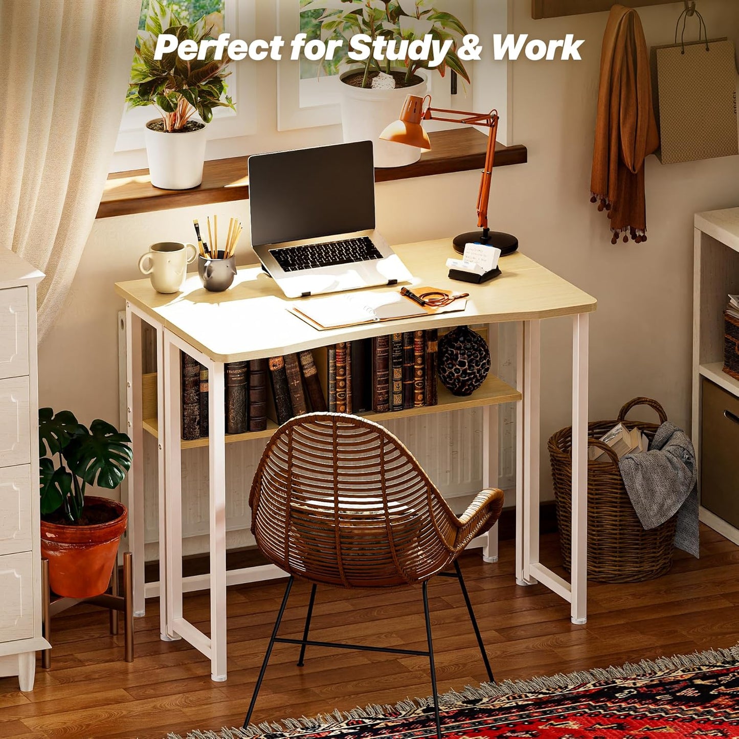 Folding Desk with Storage Shelf - 31.5 Inch Compact Computer Table for Small Spaces, Space-Saving Sofa Table, Writing and Office Use, Easy to Fold, Oak Finish