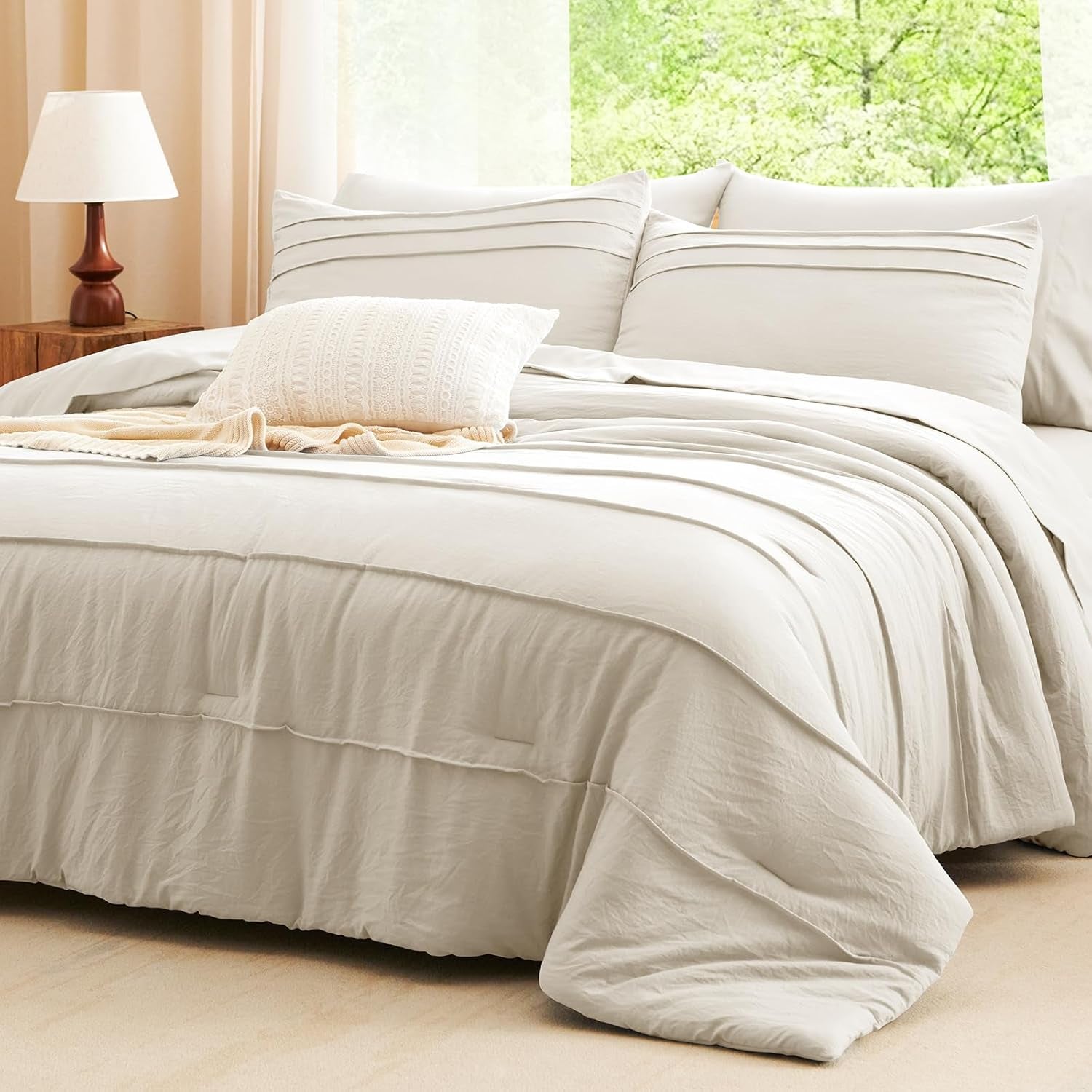 Queen Comforter Set Beige, 7 Pieces Soft Prewashed Pinch Pleat Bed in a Bag Queen Comforter Set with Sheets, Boho Bed Set with down Alternative Comforter, Sheets, Pillowcases & Shams
