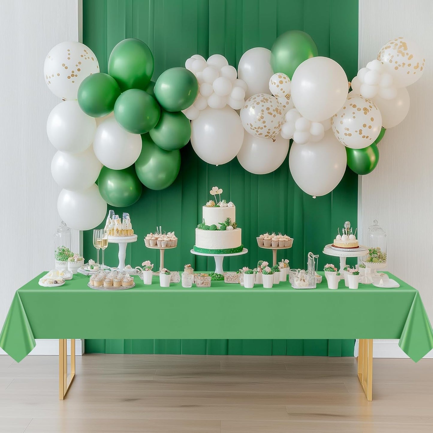 6-Piece Green & Gold Series Rectangle Tablecloth Set, 54x72" Solid Color Waterproof and Spillproof Disposable Plastic Covers, Durable Tablecloths for Dining, Buffets, Picnics, and Outdoor Events