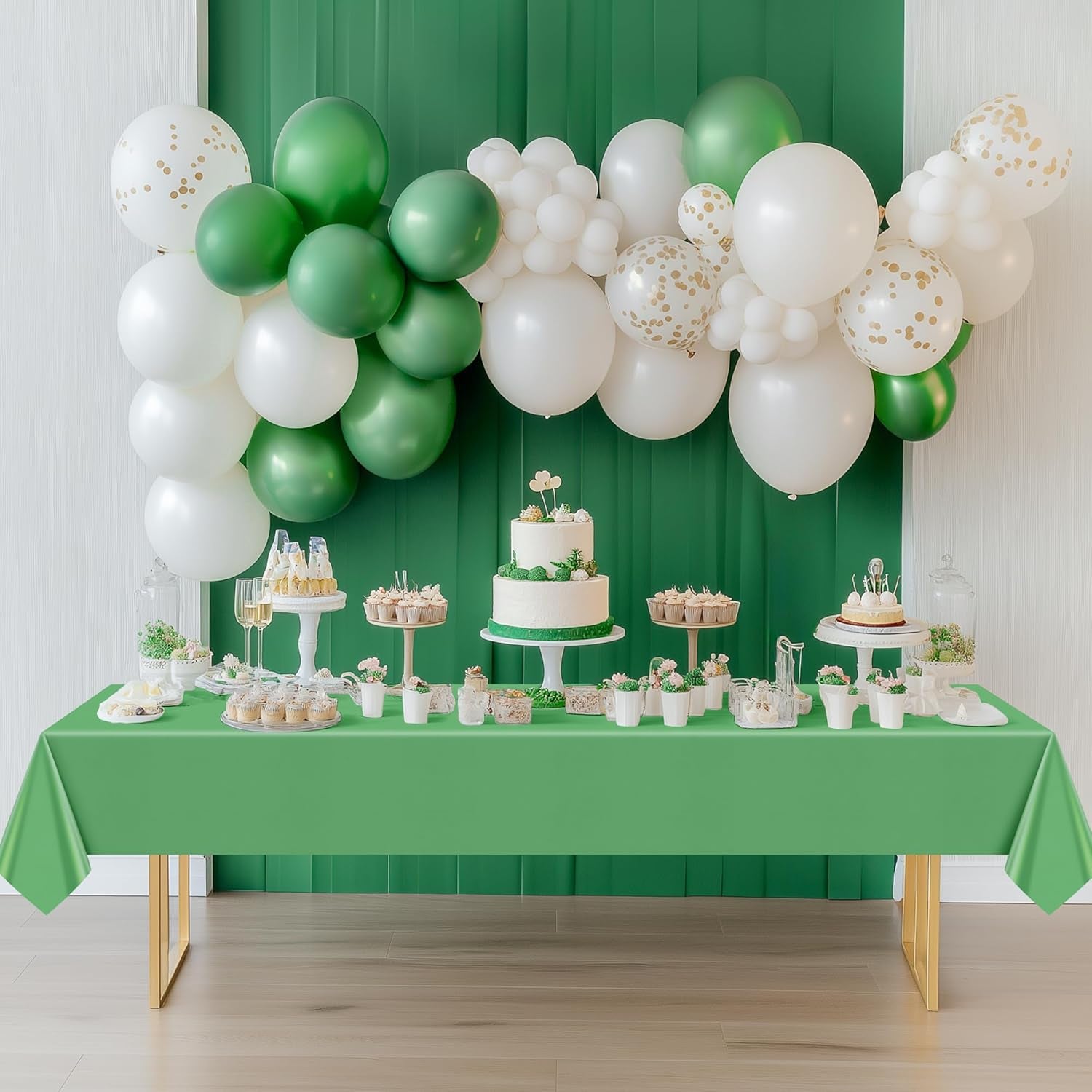 6-Piece Green & Gold Series Rectangle Tablecloth Set, 54x72" Solid Color Waterproof and Spillproof Disposable Plastic Covers, Durable Tablecloths for Dining, Buffets, Picnics, and Outdoor Events