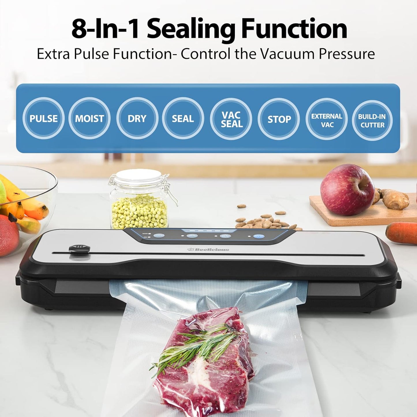 Vacuum Sealer Machine, with Starter Kit and 2-Year Warranty, Automatic Air Sealing for Food Storage, Build-In Cutter, Moist Mode, EXT-VAC