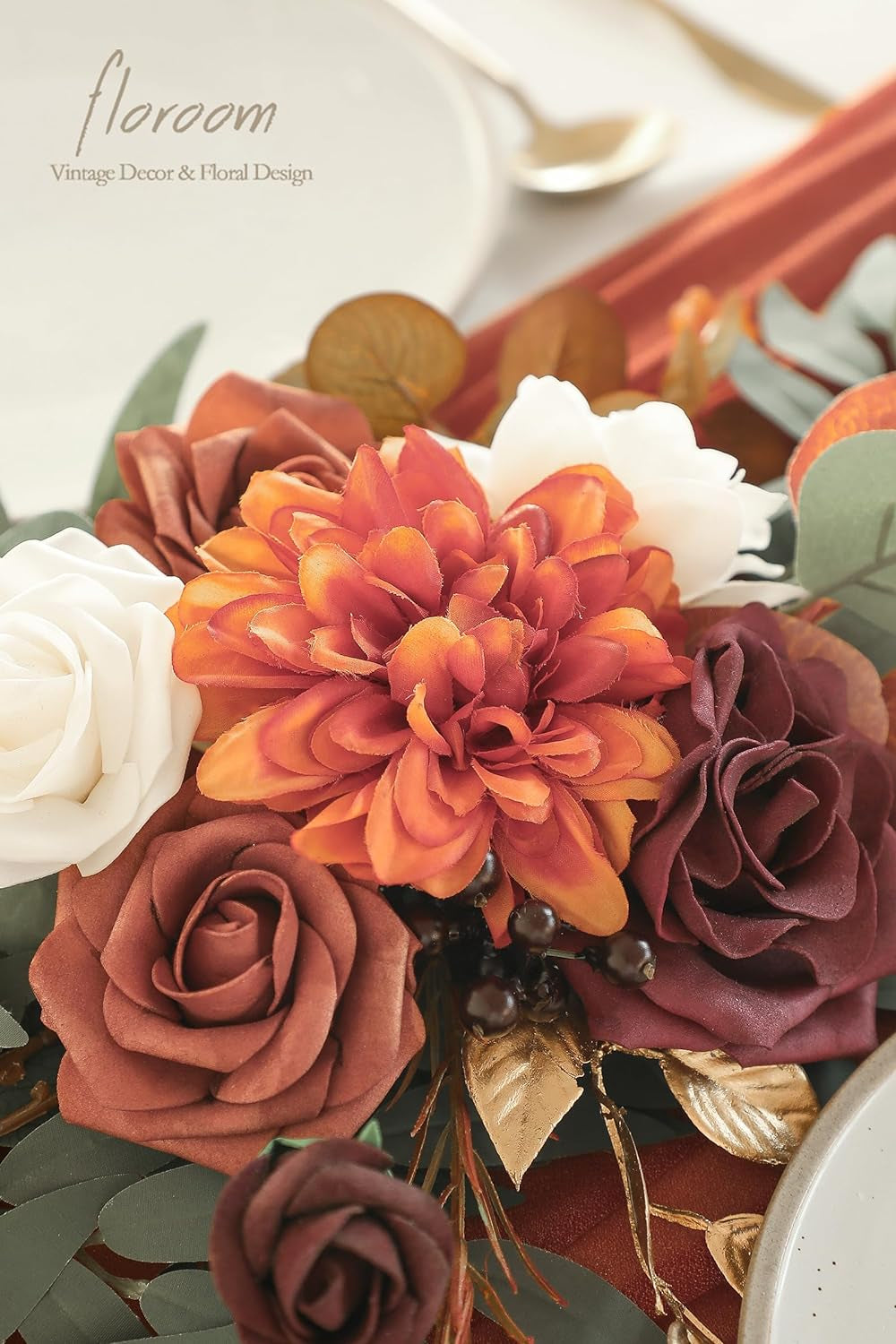 6-Foot Artificial Eucalyptus Garland with Burnt Orange Floral Accents for Table Decor, Wedding Centerpieces, and Bridal Shower Party Decorations in Terracotta