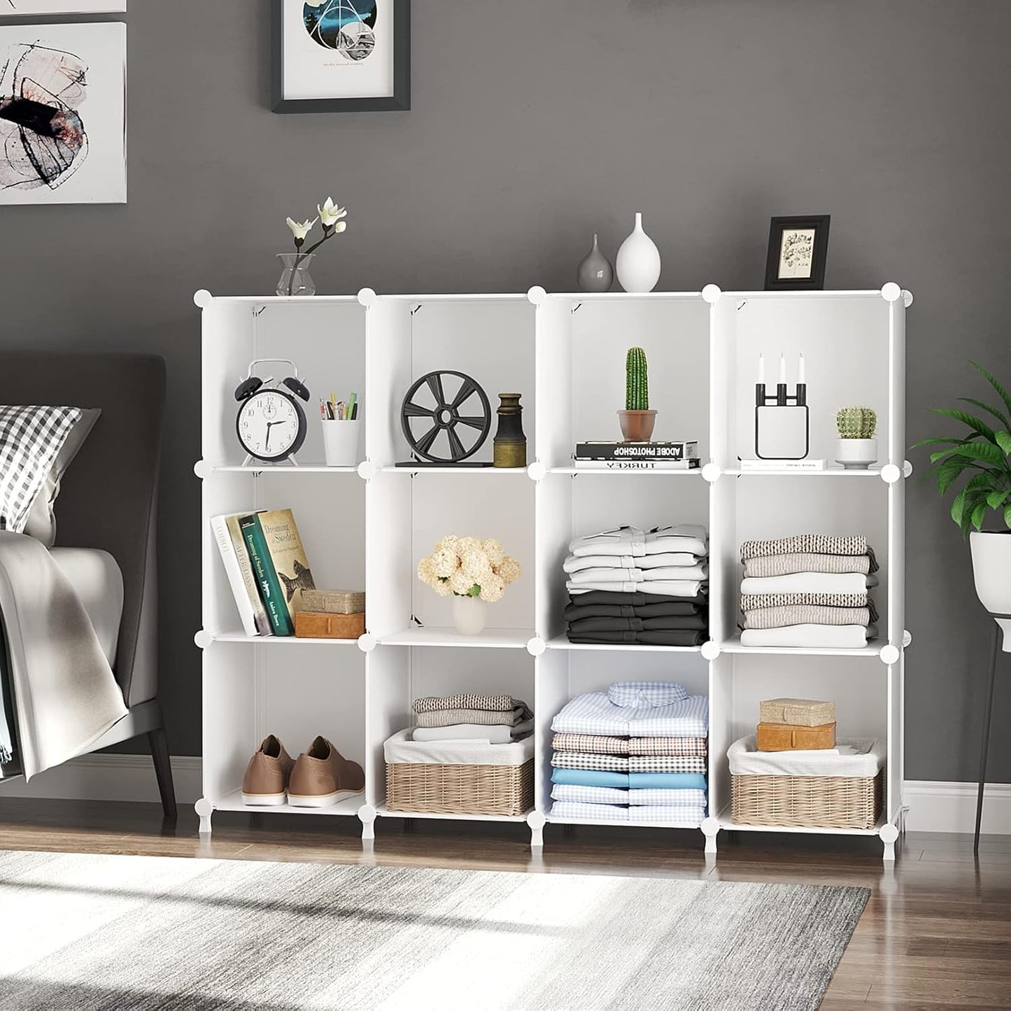 Cube Storage Organizer Storage 12 Cube Bookshelf DIY Plastic Closet Clothes Storage Shelves with Wooden Mallet, Stackable Storage Solution for Home, Bedroom, White