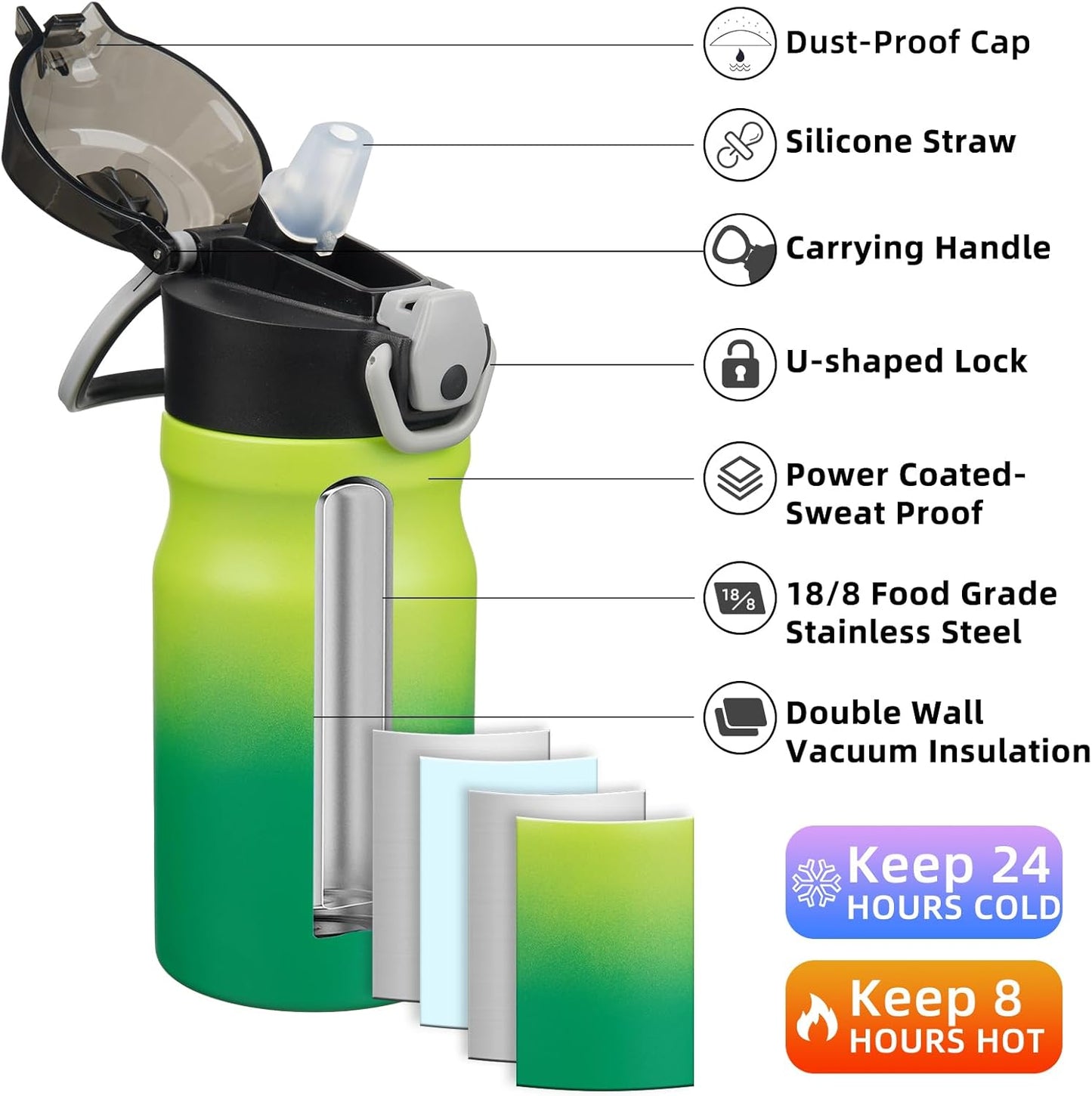 14Oz Insulated Water Bottle with Straw Stainless Steel Double Wall Water Bottles BPA Free Leak Proof Thermo with Lockable Flip Lid and Soft Silicone Spout,Bamboo Grove