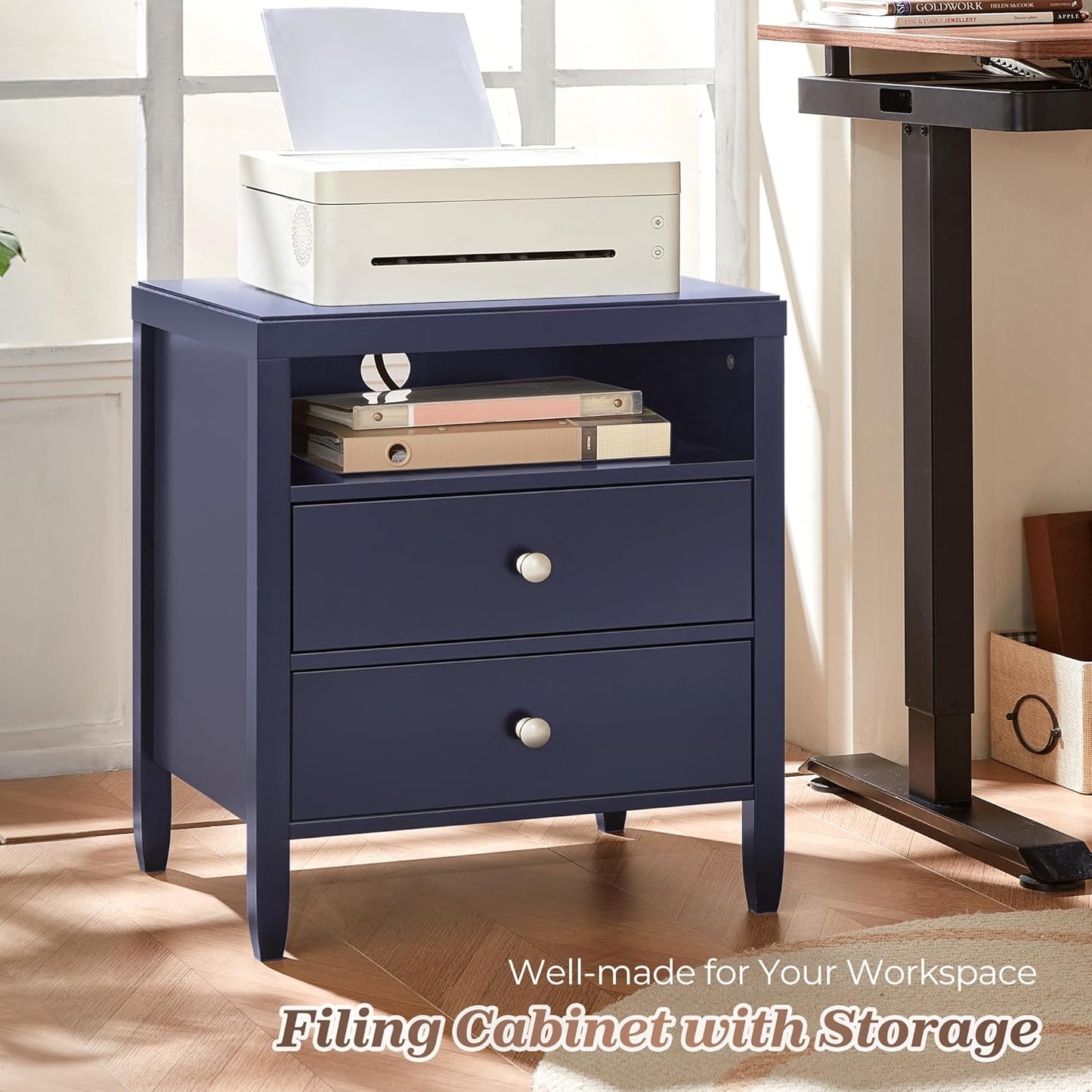 Modern Blue Nightstand with Charging Station and Two Drawers, Stylish Bedside Table for Bedroom Storage with Metal Knobs and Painted Finish
