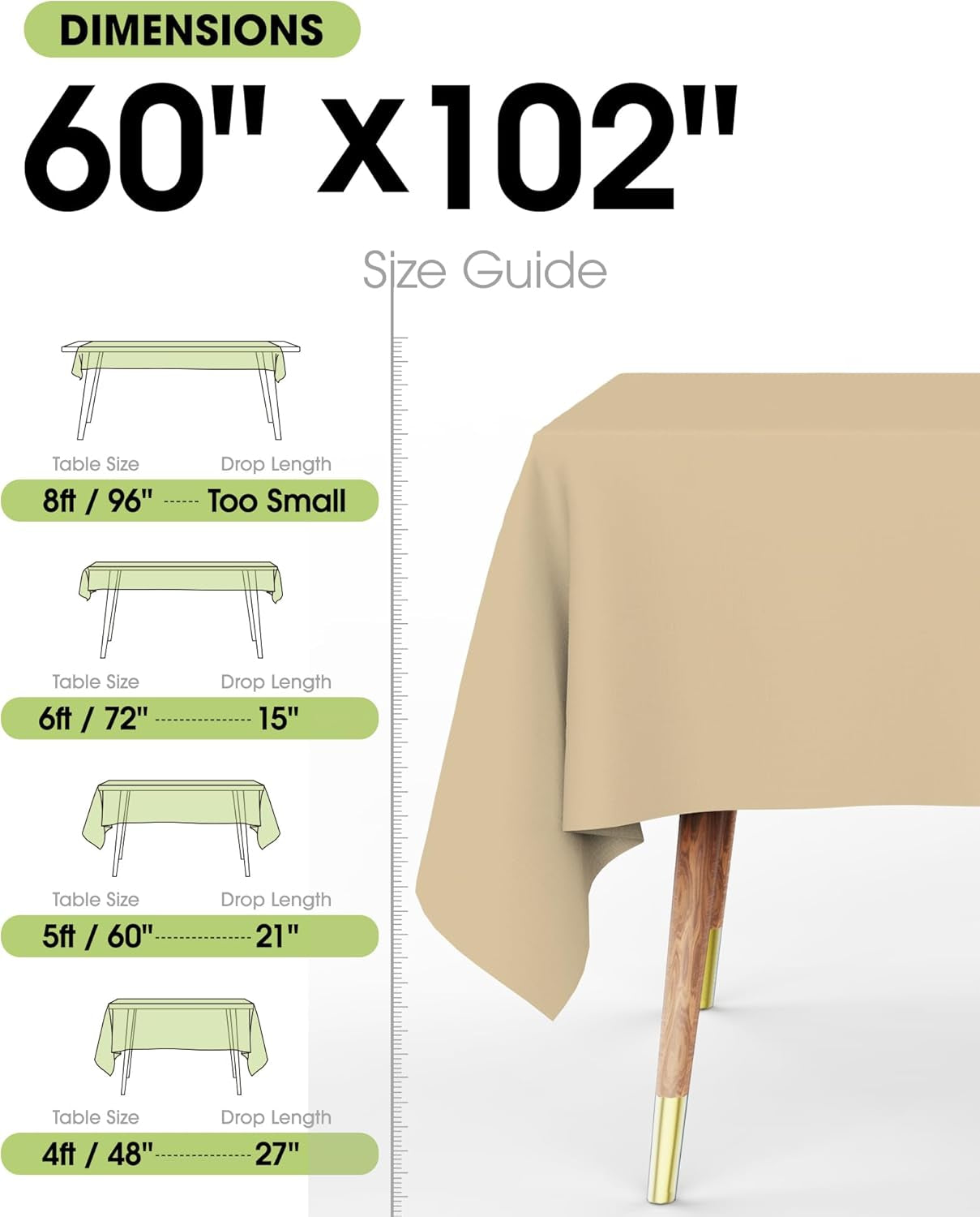 Rectangle Table Cloth 60" X 102" – Durable Polyester Tablecloth Offers Reusable & Washable Protection, Ideal for Outdoor Party, Picnic, Wedding, Banquet and Birthday, 2 Pack, Beige