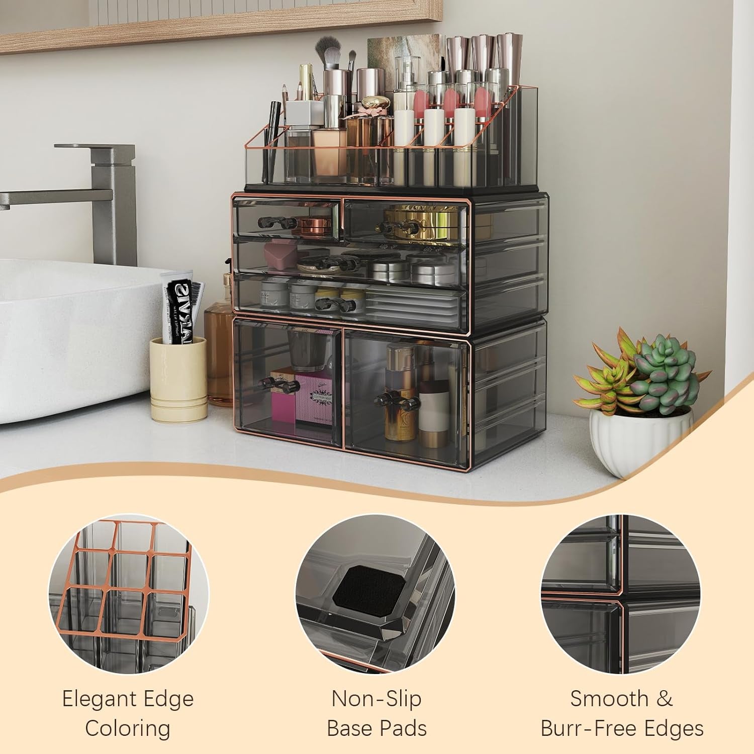 3-Tier 6-Drawer Makeup Organizer Countertop Cosmetic Organizer for Dresser and Vanity | Bathroom Organizers and Storage for Lipstick Brush Skincare Perfume, Nail Polish (Black + Gilded Borders)