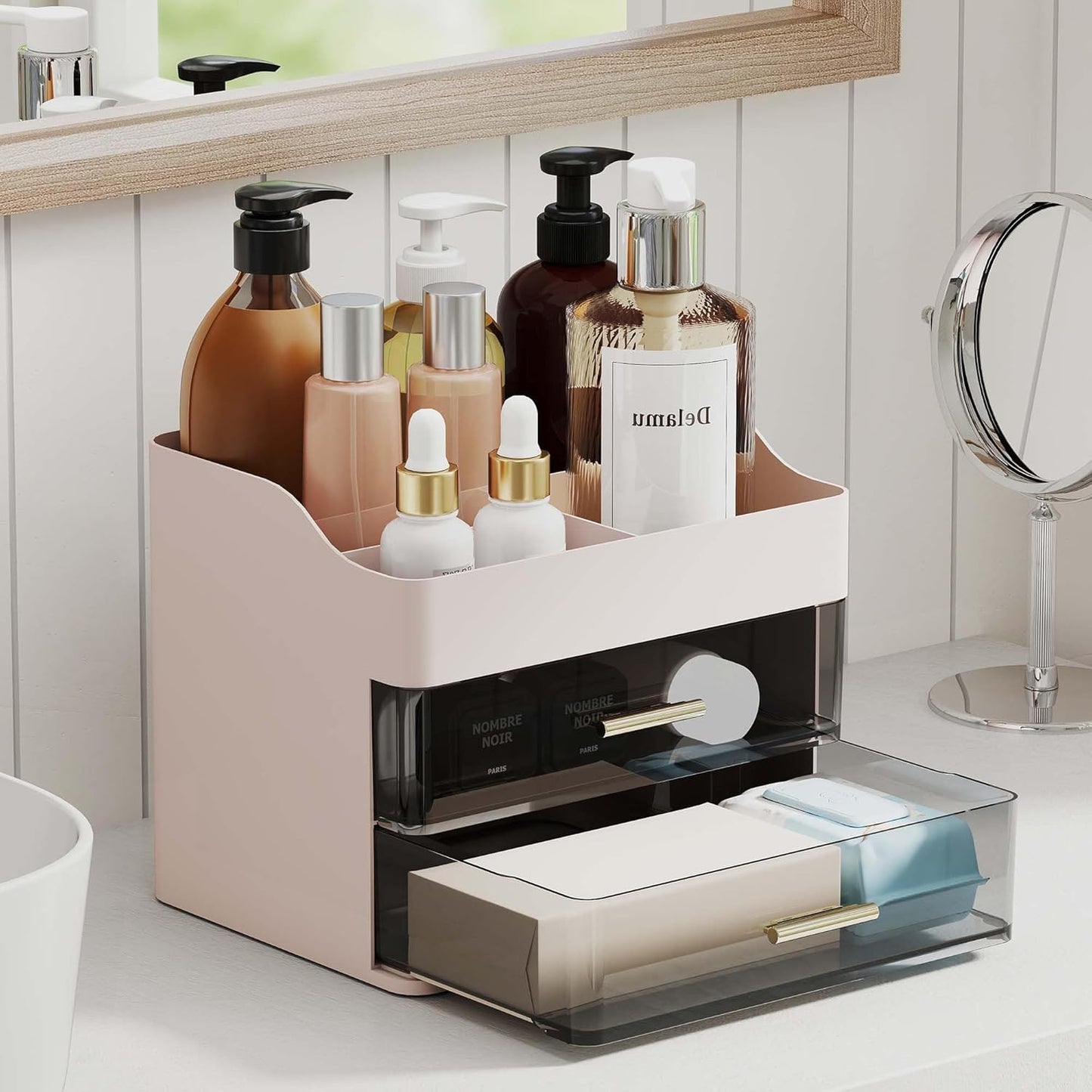 Makeup Organizer Countertop, 3-Tier Large Capacity Bathroom Counter Organizer with 2 Clear Drawers for Easy Access, Ideal for Makeup, Skincare, Lipsticks, Office Supplies, Present, Etc, Pink