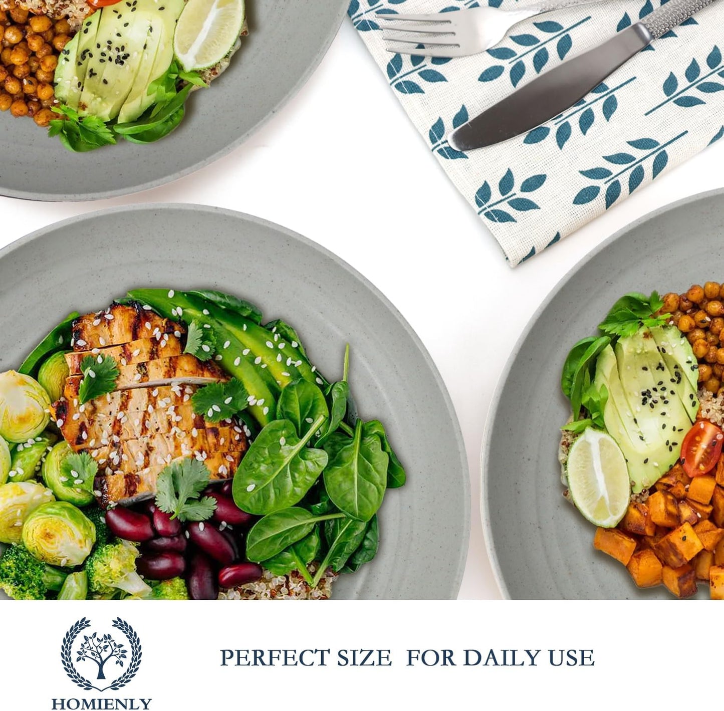 Deep Dinnerware Set of 12 - Eco-Friendly Wheat Straw Plates, Microwave and Dishwasher Safe, Unbreakable Design for Children (Grey, 10 Inches)