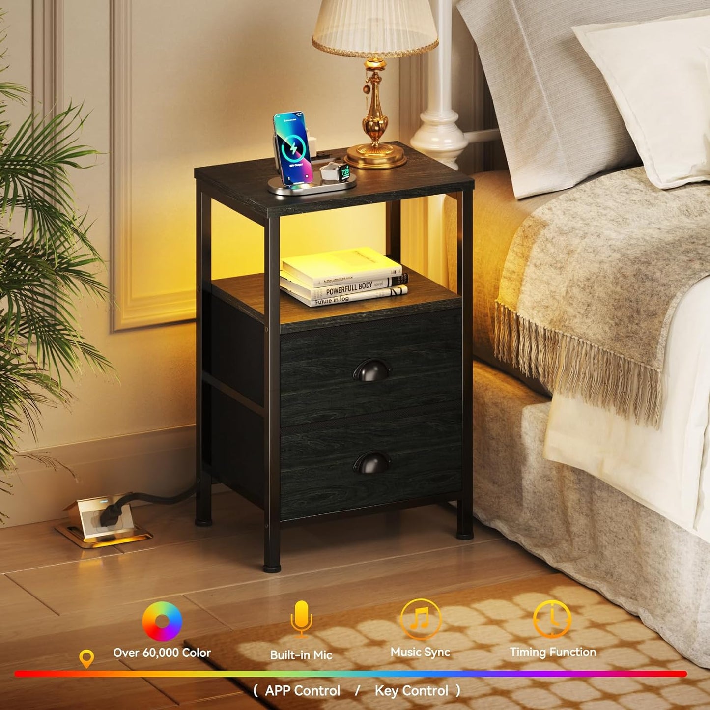 Nightstands Set of 2, End Tables with Charging Station and LED Lights, Black Night Stands with 2 Fabric Drawers, Bedside Tables Set of 2 for Living Room/Bedroom,Black Oak