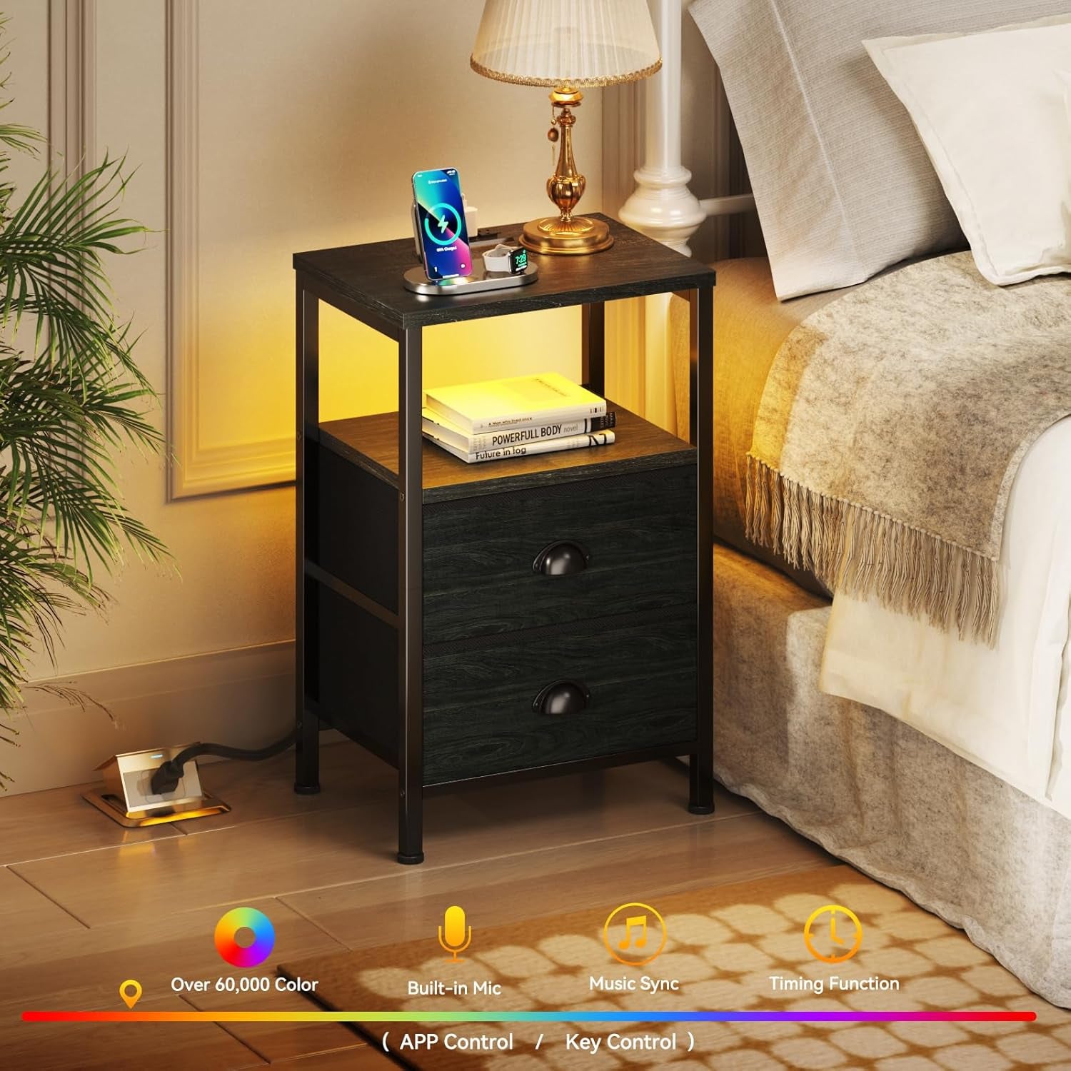 Nightstands Set of 2, End Tables with Charging Station and LED Lights, Black Night Stands with 2 Fabric Drawers, Bedside Tables Set of 2 for Living Room/Bedroom,Black Oak