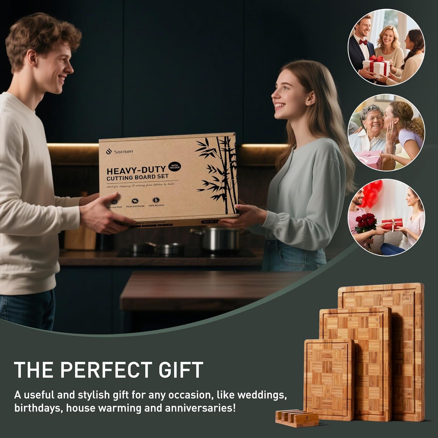 3 Pack Heavy Duty Bamboo Cutting Board Set Non Toxic Wooden Cutting Board for Kitchen Non Slip Solid End Grain Thick Wood Juice Groove Chopping Board Extra Large Big Small Best House Warming Gift