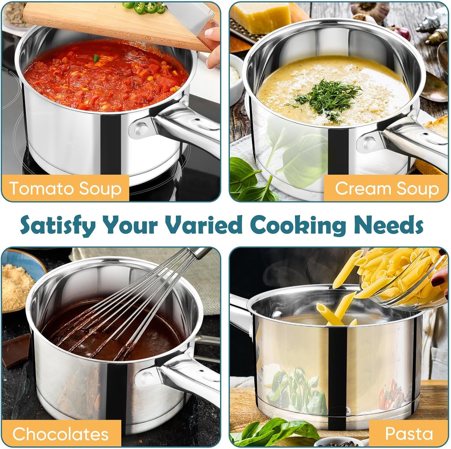 3 Quart Saucepan with Lid Set, Stainless Steel Small Cooking Pot Induction Sauce Pan for Pasta Soup, Ergonomic Handle & Tri-Ply Base, Dishwasher Safe, 1 Pan