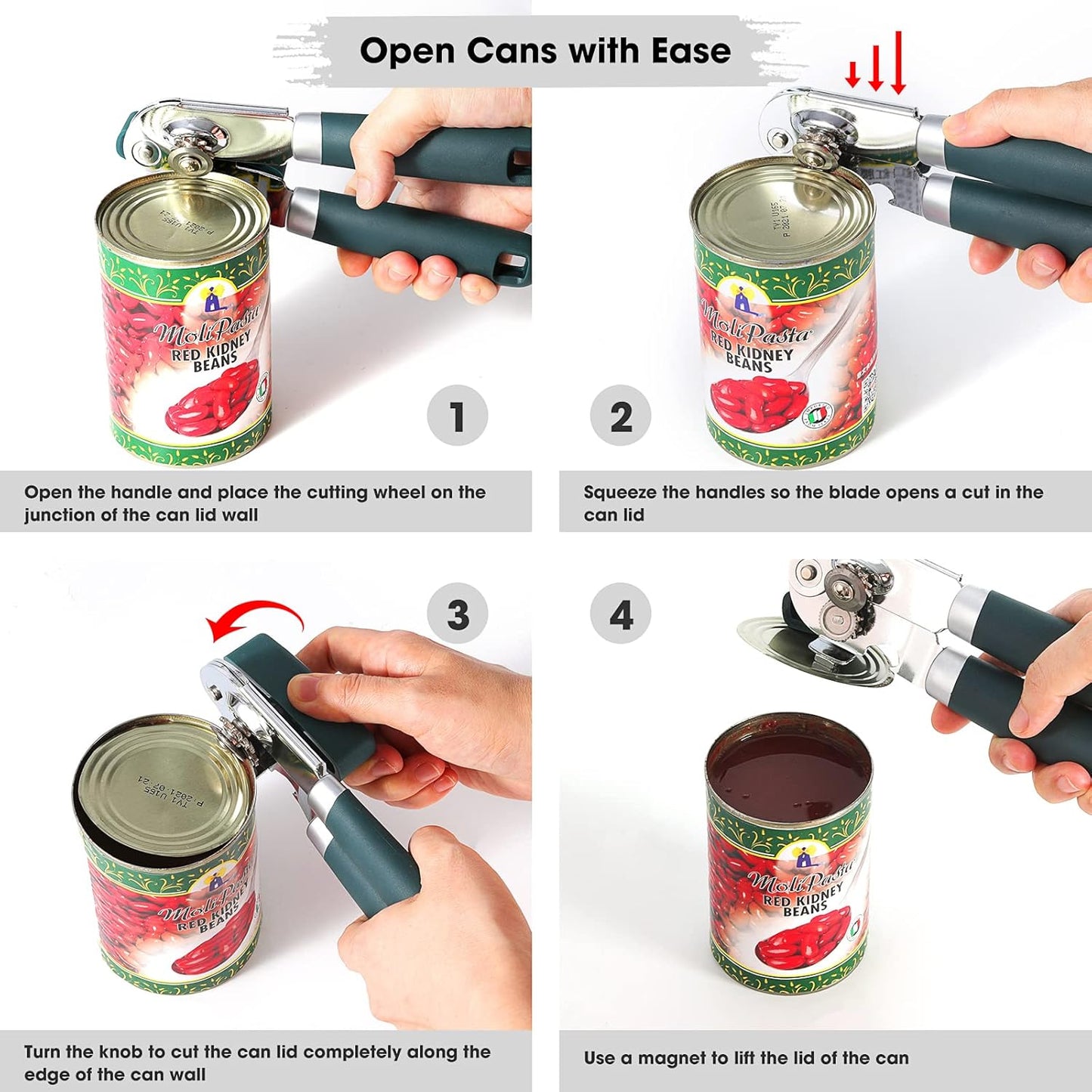 Can Opener Manual with Magnet, Hand Held Heavy Duty Can Opener with Durable Sharp Blade Smooth Edge, Big Effort-Saving Knob, Soft Grip Rubber Handle, Multifunctional Bottle Opener, Green