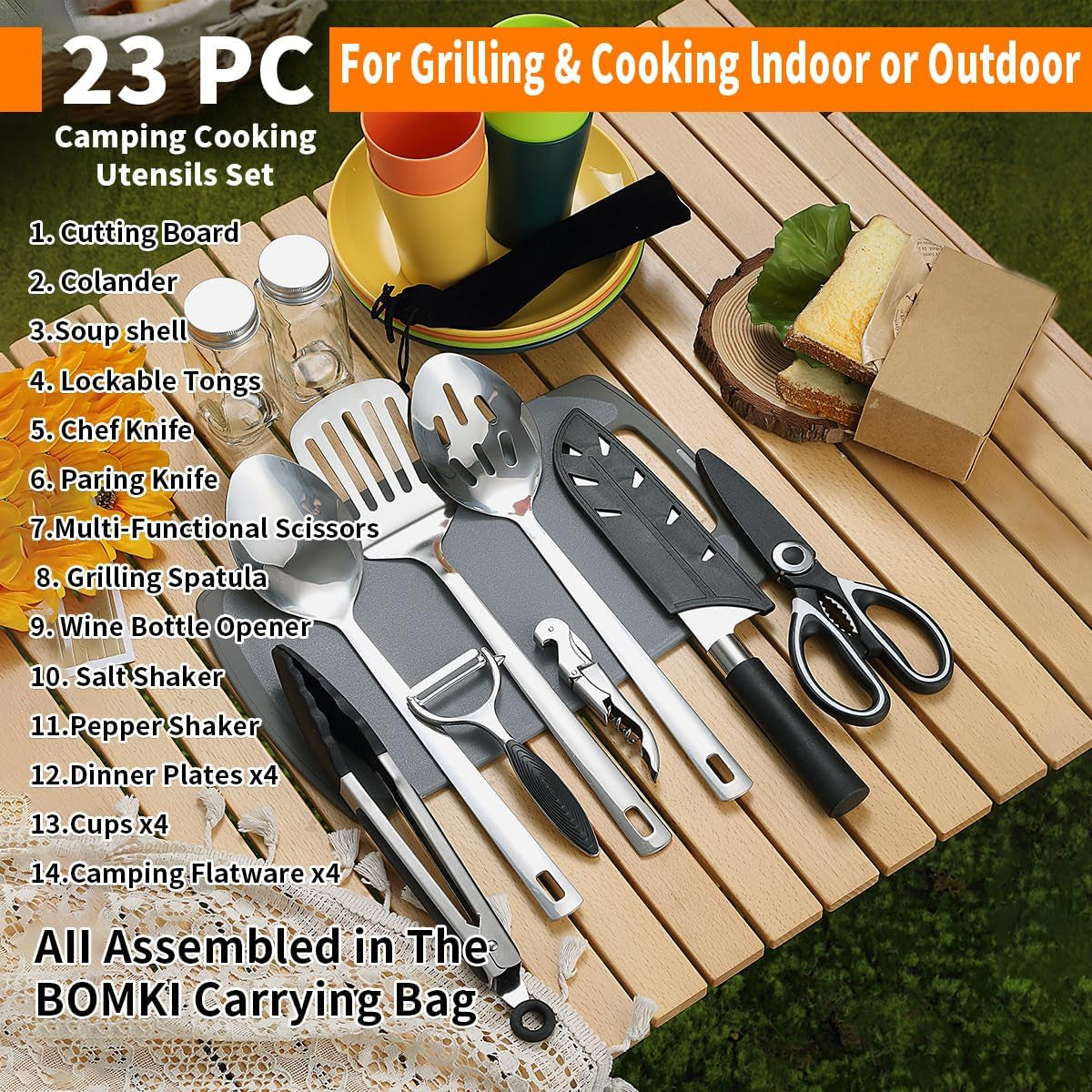 Camping Essentials: Comprehensive Cooking Utensils Set with Silverware, Plates, and Cups for Outdoor Activities, Picnics, and BBQs