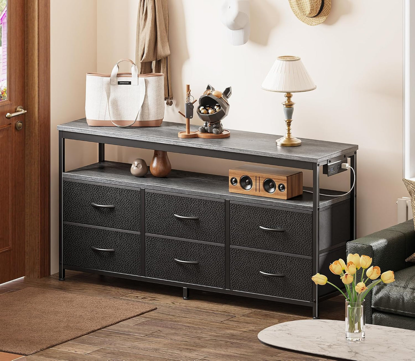 LED TV Stand with Storage for Bedrooms and Living Rooms, 47-Inch Entertainment Center for 43, 50, and 55-Inch TVs, Grey and Black Design with Power Outlets and 6 Drawer Fabric Dresser