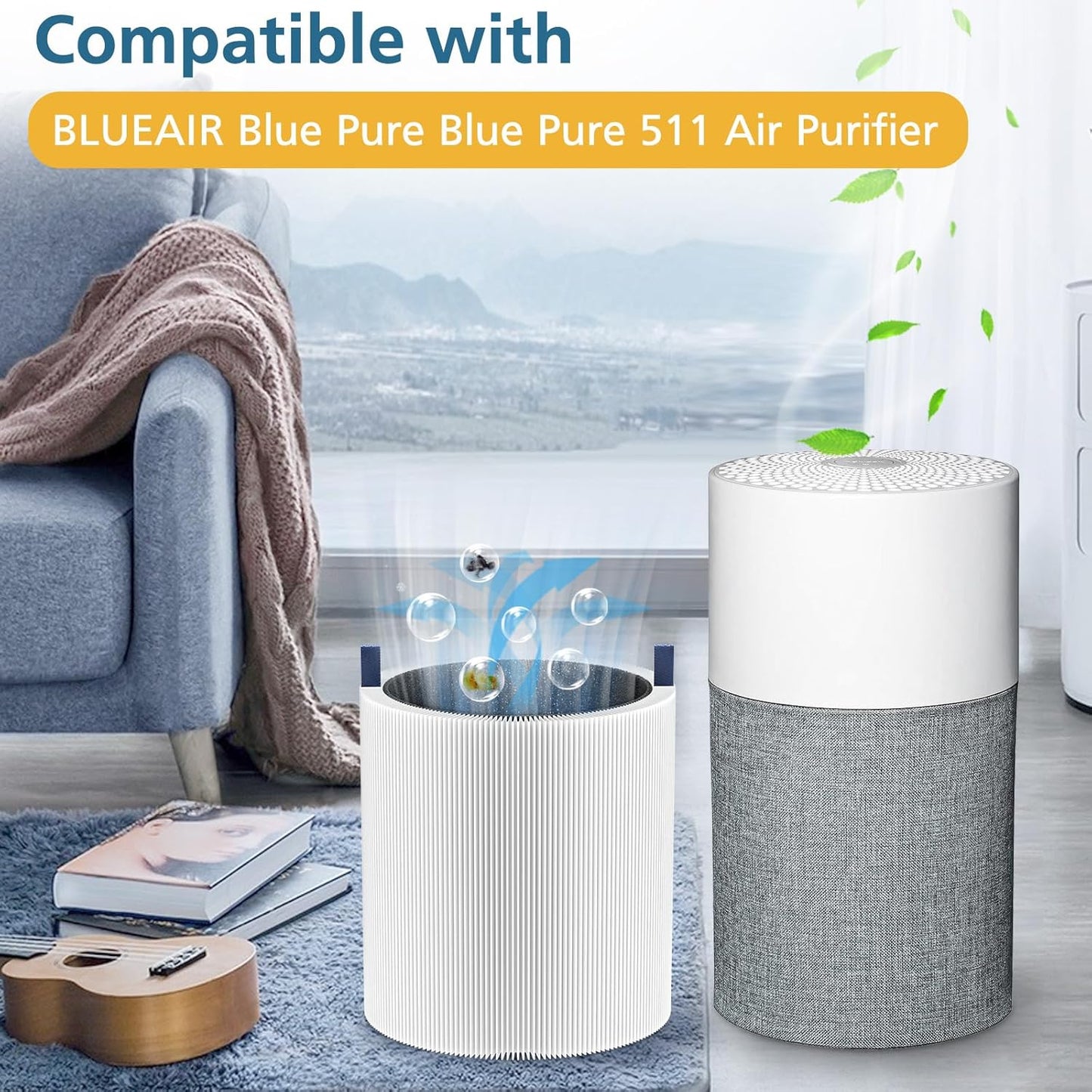 2-Pack 511 Replacement Filter, Compatible with Blue Air Blue Pure 511 Air Purifier, True H13 HEPA Filters, and Activated Carbon Filter