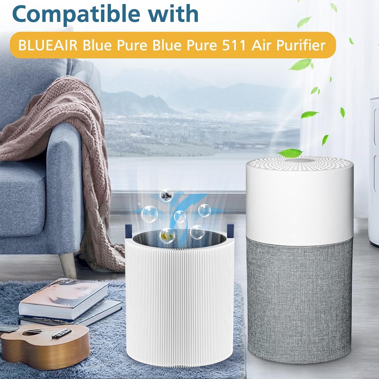 2-Pack 511 Replacement Filter, Compatible with Blue Air Blue Pure 511 Air Purifier, True H13 HEPA Filters, and Activated Carbon Filter