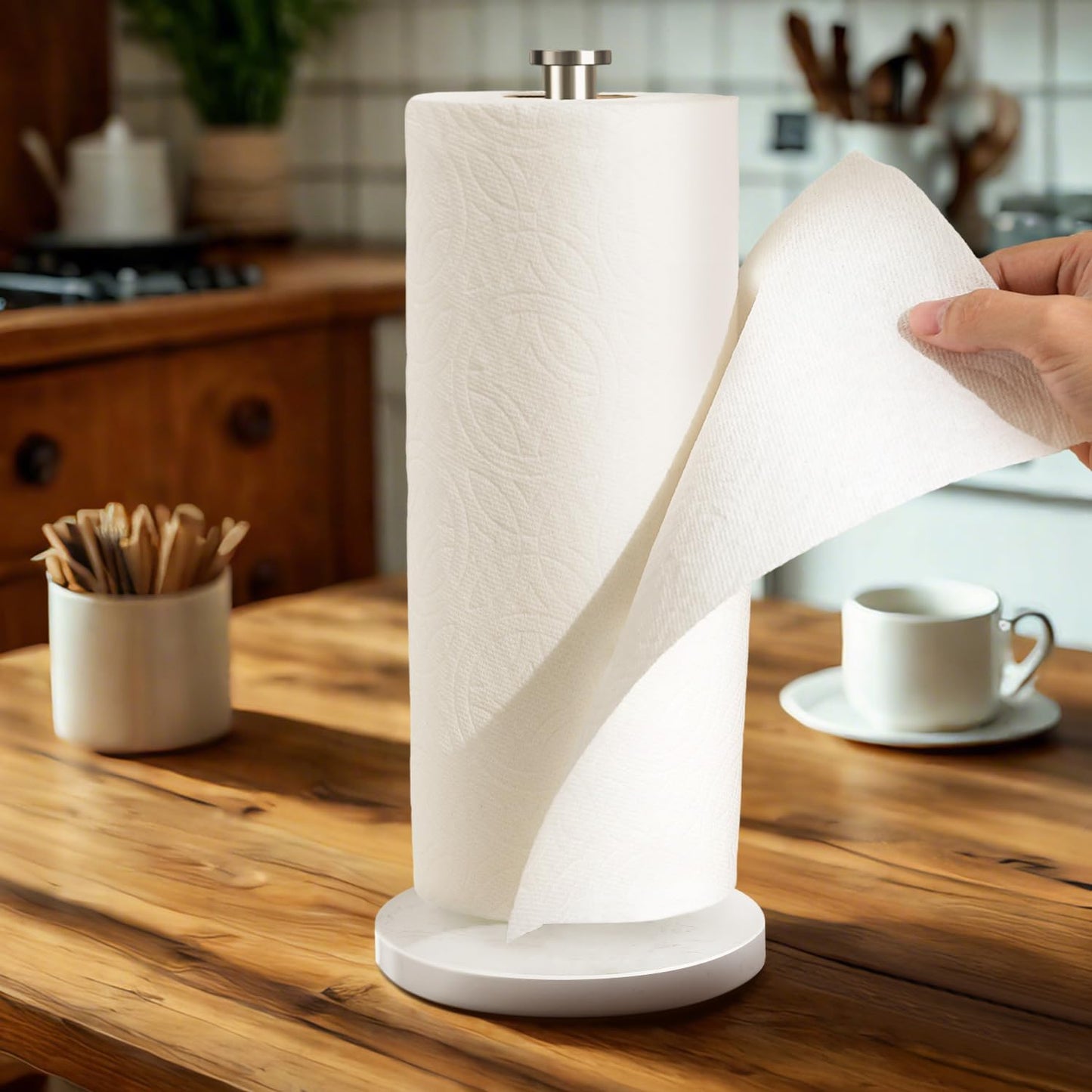 Weighted Marble Base Paper Towel Holder for Kitchen Countertop - Elegant White Design
