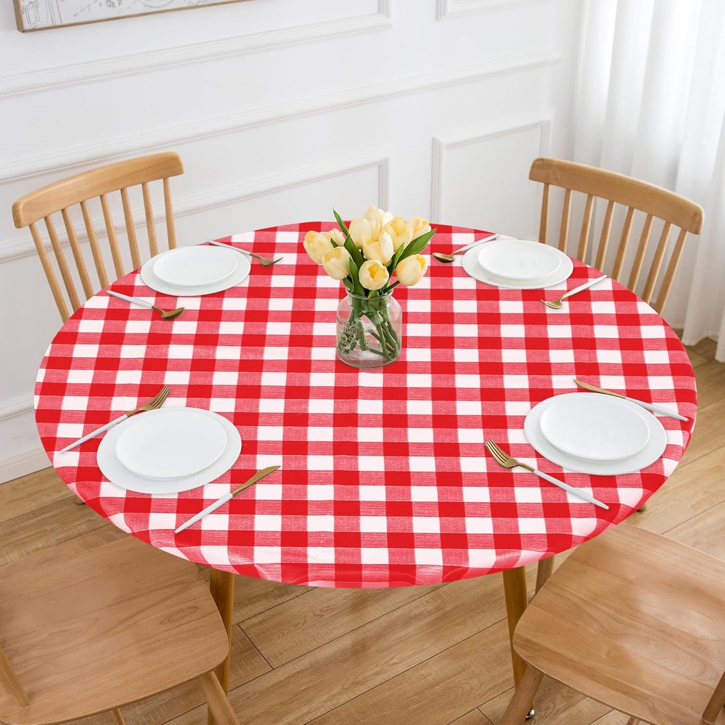 Waterproof Fitted Round Tablecloth with Elastic - Set of 4 Gingham Vinyl Table Covers with Flannel Backing for Outdoor Use, Red and White (Designed for 57"-68" Round Tables)