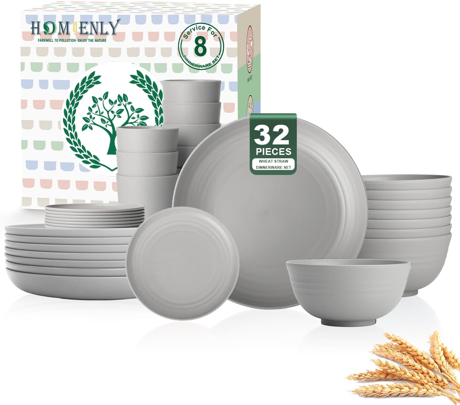 32-Piece Wheat Straw Dinnerware Set for 8 - Unbreakable Grey Plates, Bowls, and Cups, Microwave and Dishwasher Safe, Ideal for Outdoor Camping