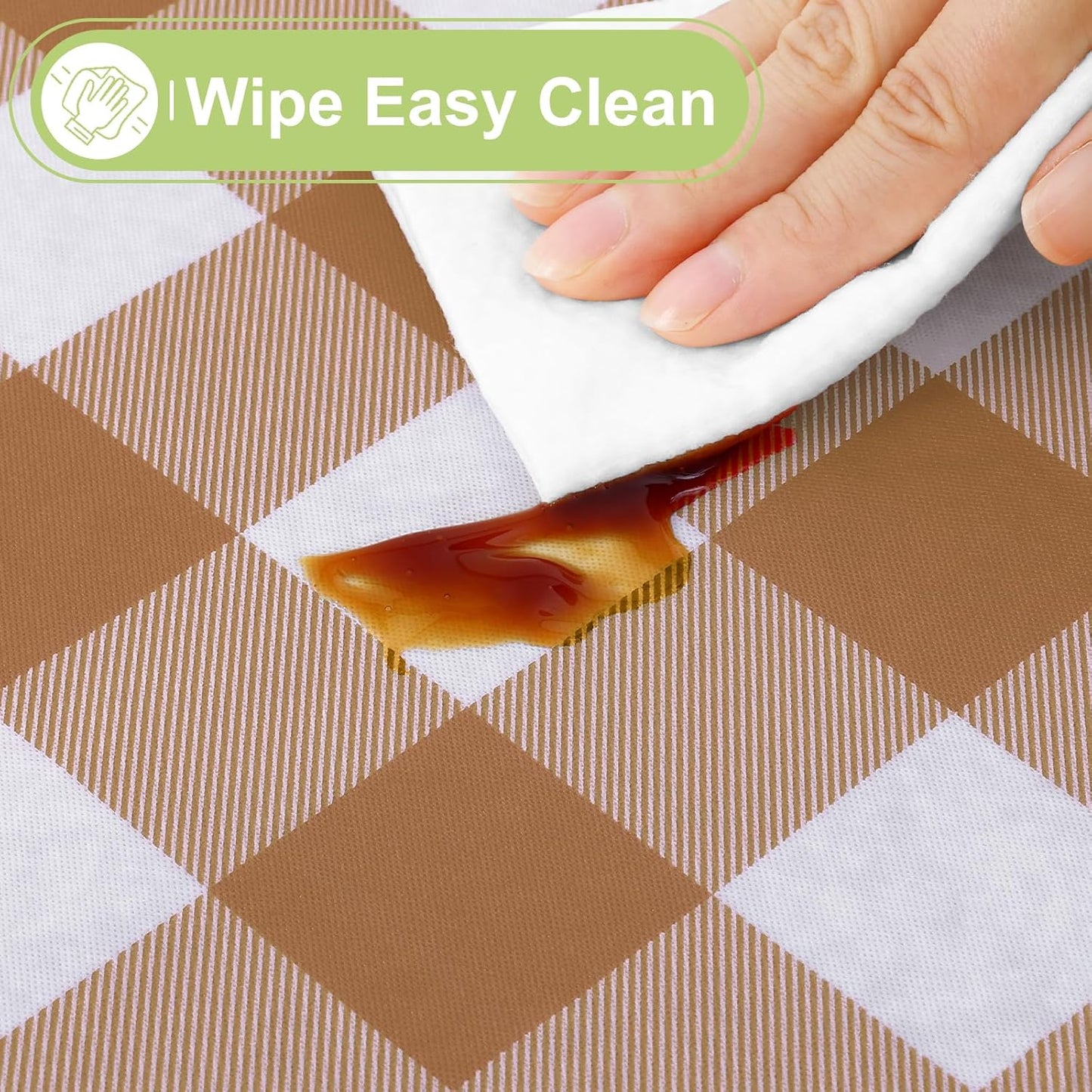 Waterproof Vinyl Rectangle Tablecloth with Flannel Backing, Wipeable Buffalo Plaid Design for Indoor and Outdoor Dining (Brown & White, 60" x 84")