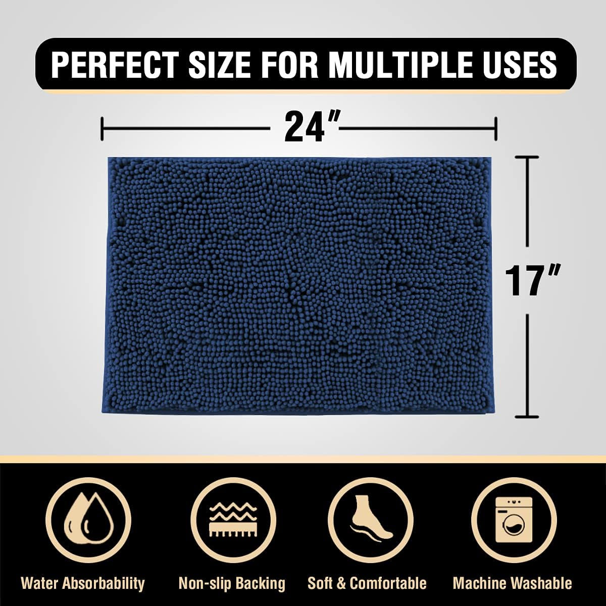 Bath Mat Bath Rug for Bathroom Luxury Chenille Bathroom Rug Mat Extra Soft and Absorbent Microfiber Shaggy Rugs Non Slip Rug Quick Dry Bath Mat Washable, 17 X 24 Inches, Navy