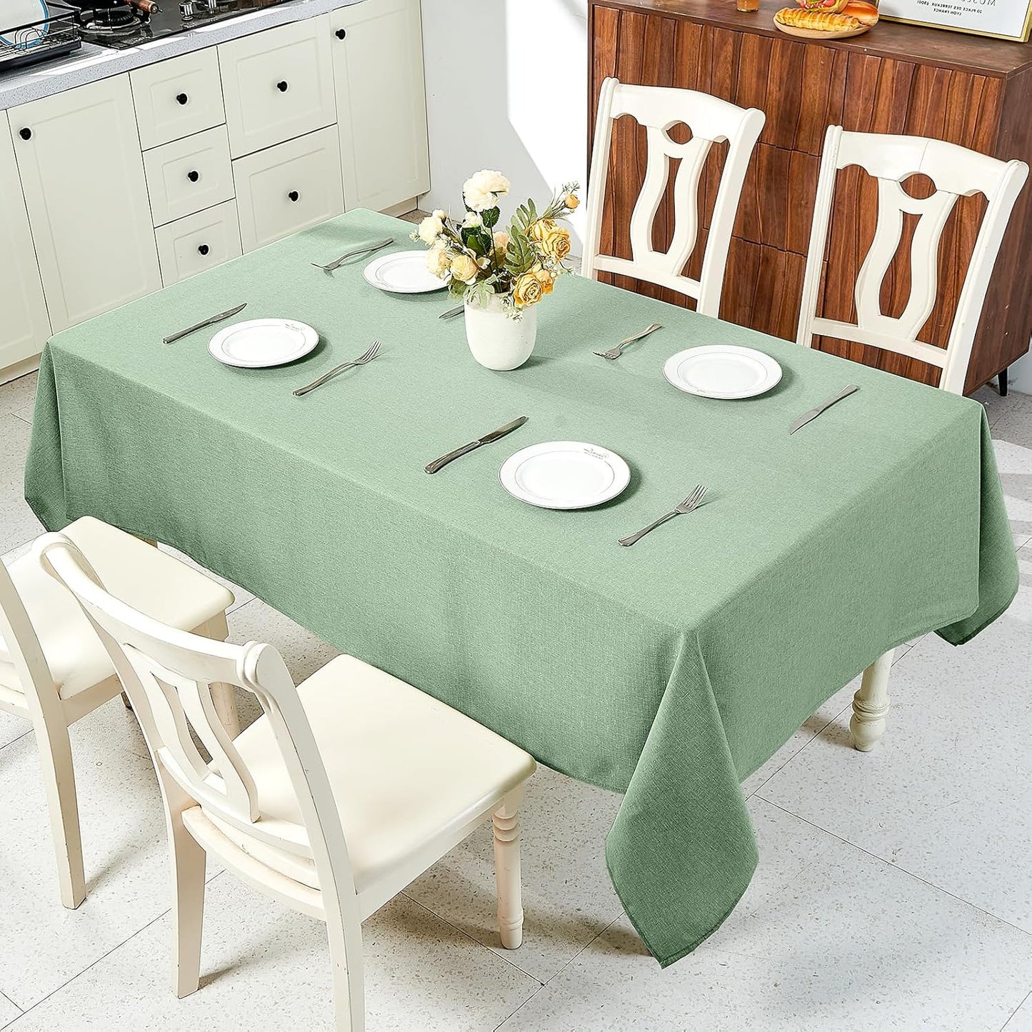 Textured Linen Table Cloth for Rectangle Tables - Sage Green Tablecloths Rectangular Waterproof Wrinkle Free Wipeable Dining Table Cover for Spring Wedding Birthday Kitchen Decor, 52 X 70 Inch